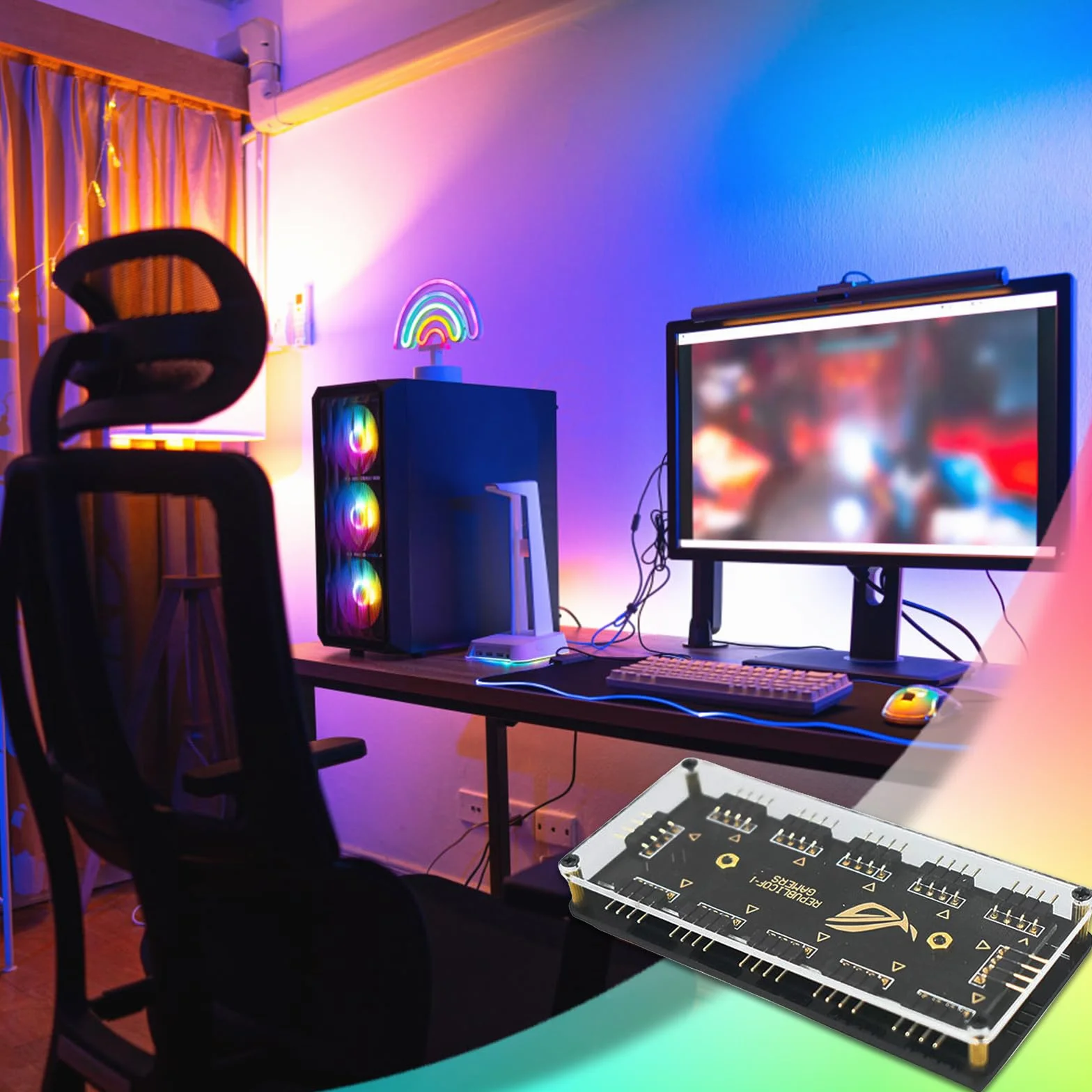 Kontroler RGB, 1 do 10 portów RGB HUB, 12 V 4-pinowy ARGB rozdzielacz Hub, z kablem przedłużającym, 4-pinowy kontroler ARGB, do wentylatora i światła