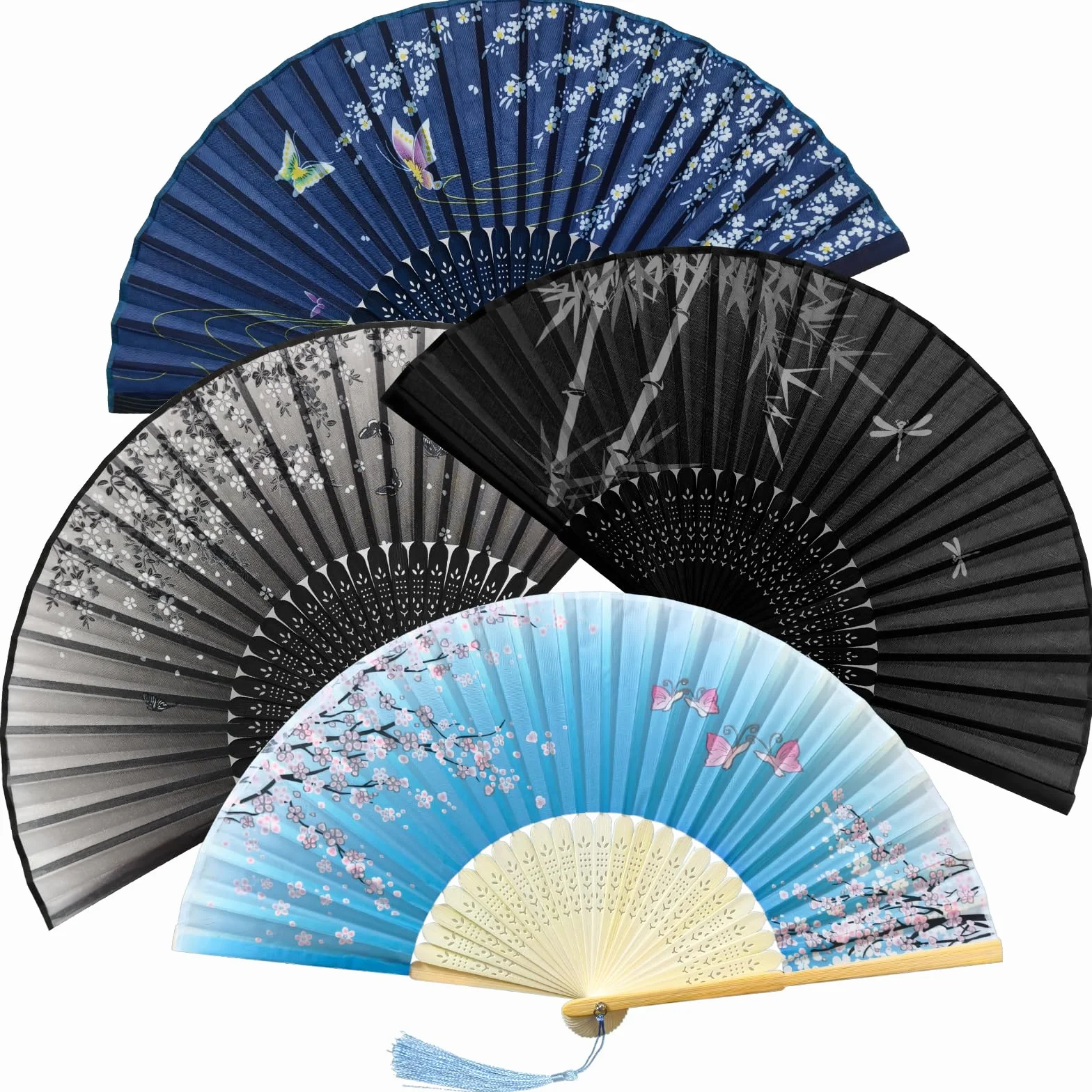 Bellanova Ensemble de 4 Éventails Pliants en Tissu de Soie et Bambou avec Pompon – Style Chinois, Ventilateur Pliant Portable à Main