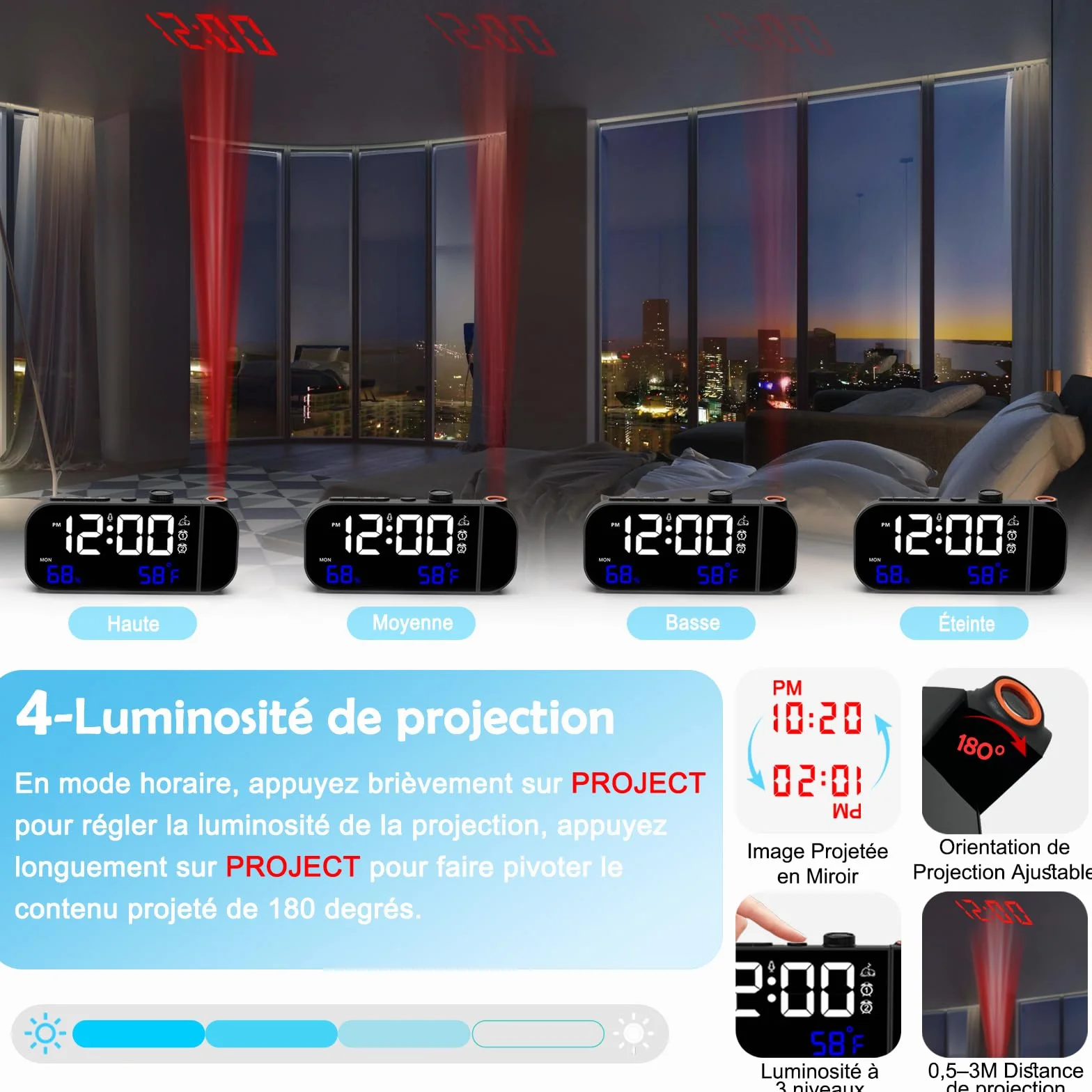 Radio Réveil Numérique avec Projecteur Plafond, Température et Humidité, Double Réveil Snooze, Charge USB - Blanc