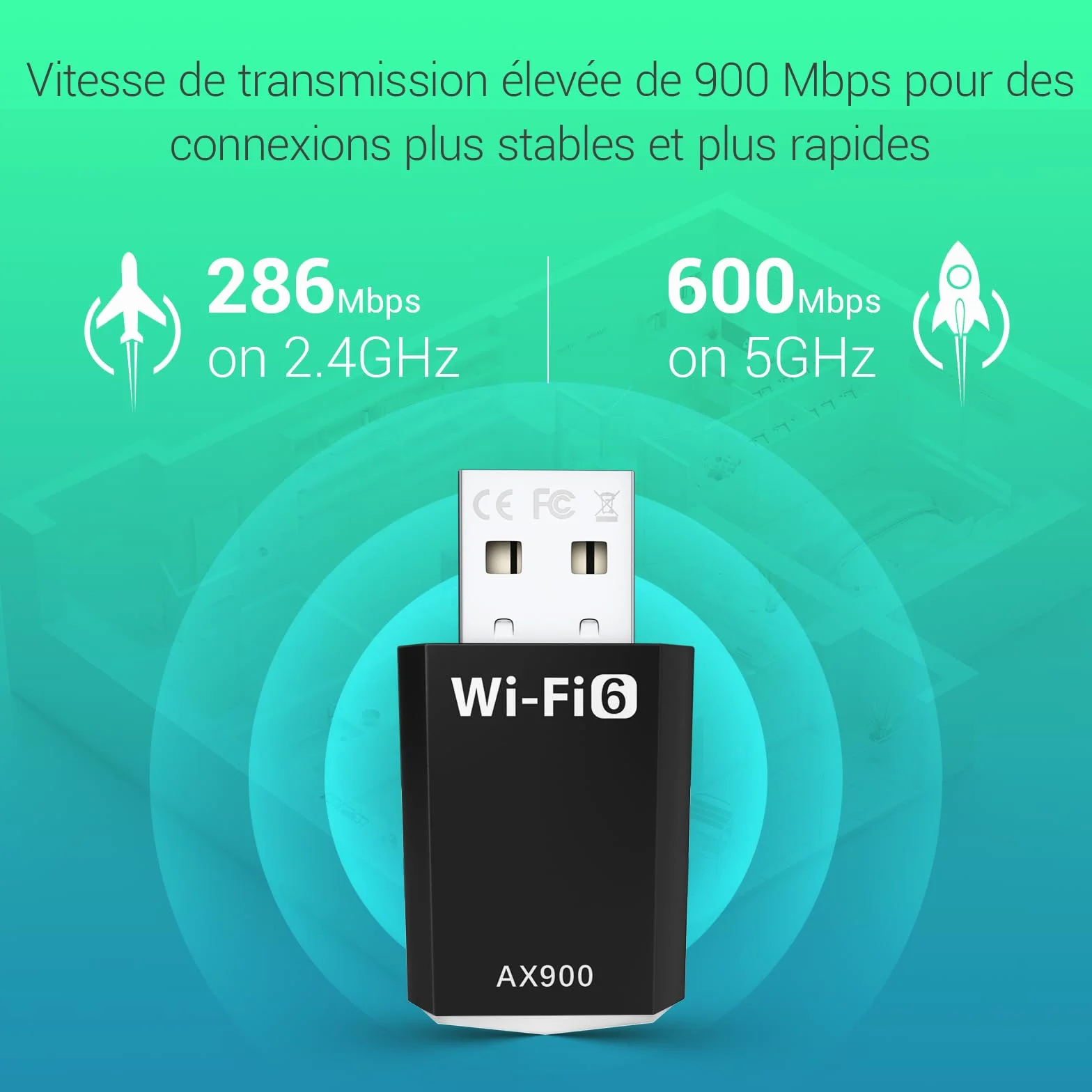 Clé WiFi 6 AX900 Mbps Double Bande 2.4GHz/5GHz Adaptateur USB WiFi pour PC