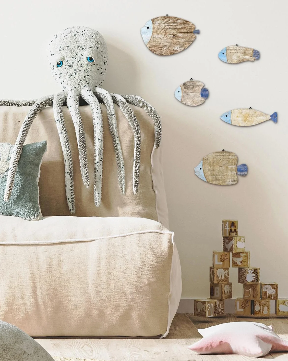 Décoration Murale Poissons Bois, Lot de 5 Silhouettes Style Bord de Mer, Teintes Bleu Naturel, Déco Marine Maison