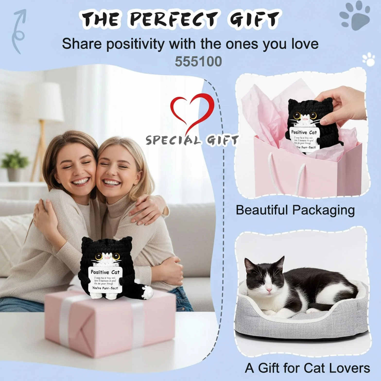 Porte-Bonheur au Crochet Chat Positif dans Boîte Cadeau Noire