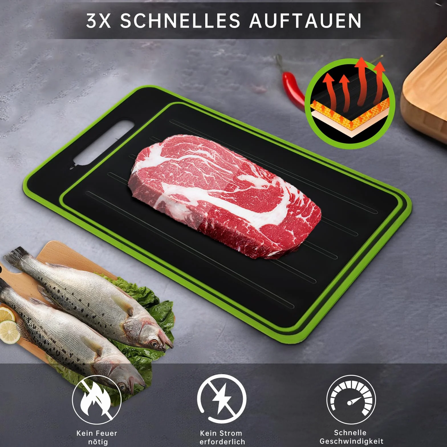 Planche à décongeler 4 en 1 Gadgets de Cuisine Pratiques, 3 x Décongélation Rapide, Planche à découper multifonctionnelle, avec Moulin à Couteaux et ail intégré