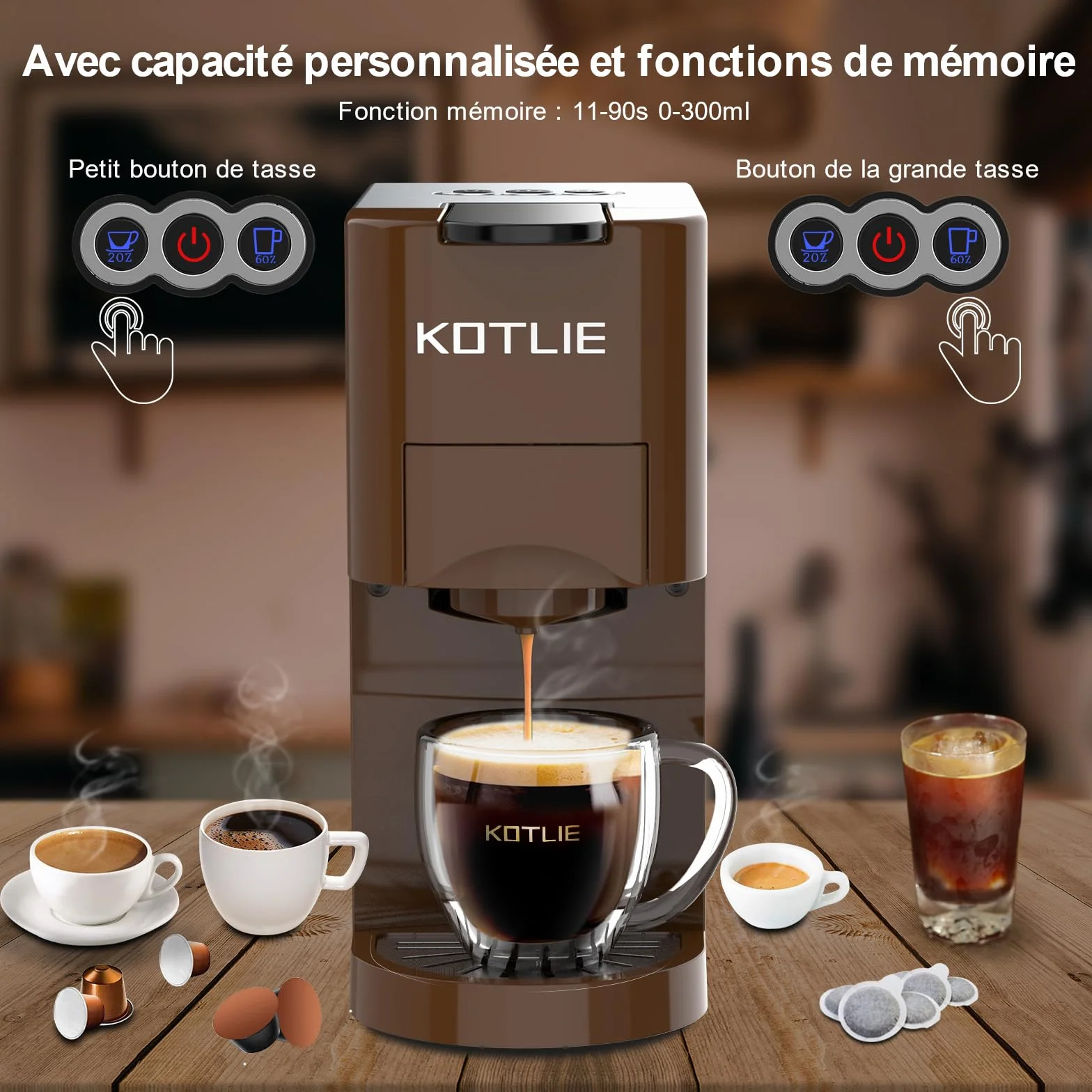 KOTLIE AC-513K 4 en 1 Multifonctionnel Machine à Café à Capsules, pour NES/DG/Café en Poudre/ESE Pod(44mm),19Bar, 0.8L réservoir de stockage d'eau(Brun)