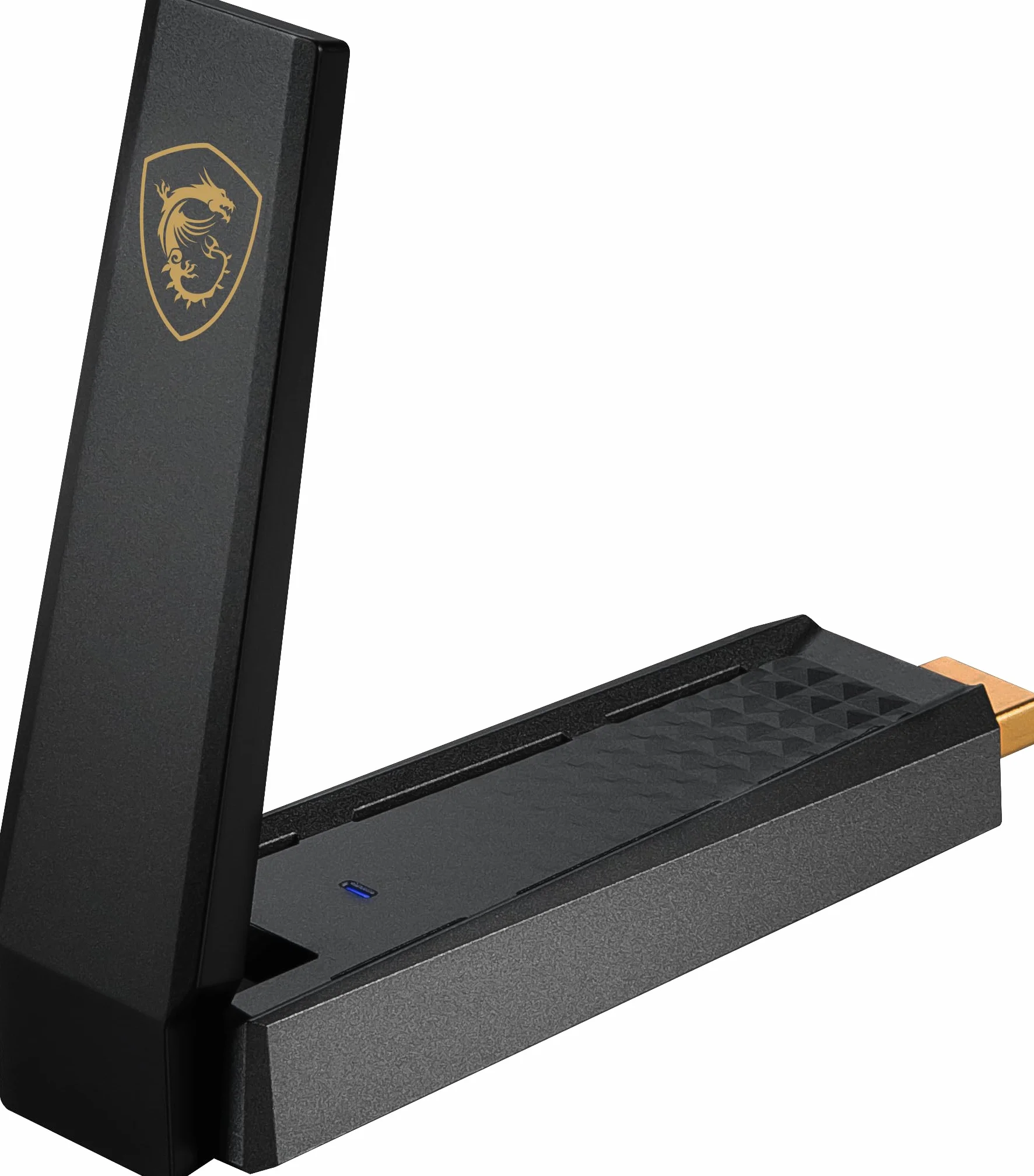 MSI AXE5400 trójpasmowy adapter USB WiFi 6E – WLAN do 5400 Mb/s (6 GHz, 5 GHz, 2,4 GHz bezprzewodowy), USB 3.2 Gen 1 typu A, MU-MIMO, regulowana antena, formowanie wiązki, WPA3 - przewodowy stojak na