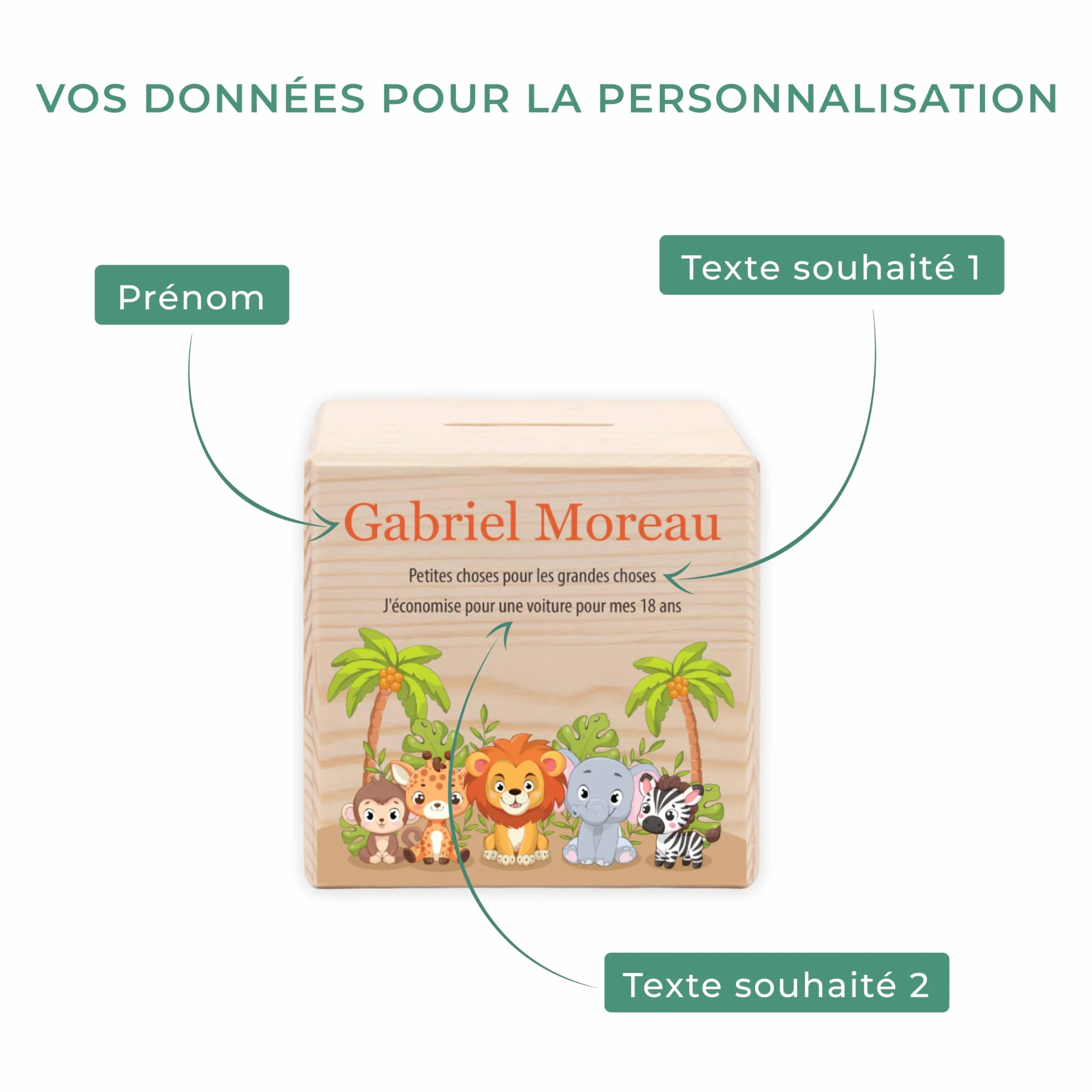 Tirelire Enfant personnalisée avec prénom, Tirelire en Bois - Cadeau personnalisé Baptême, Communion, Confirmation, Anniversaire, Filles & Garçons, Safari