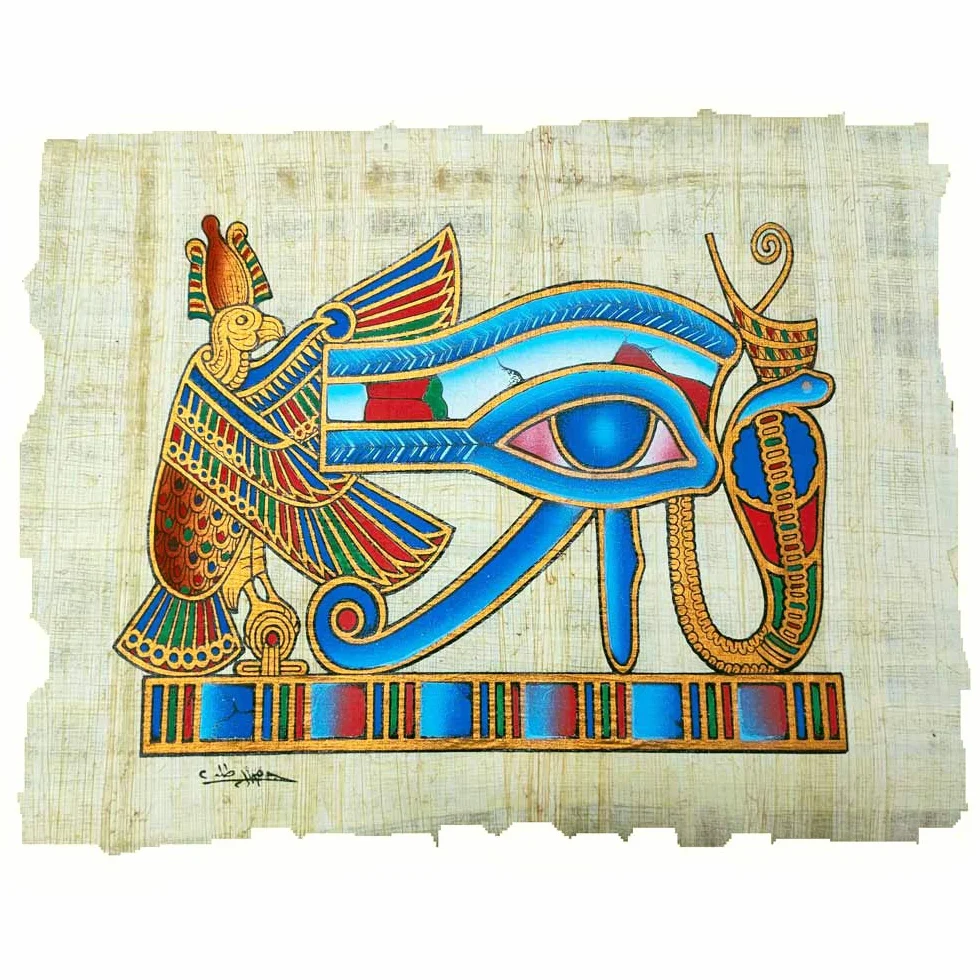 Papyrus égyptien original du Œil d'Horus amulette protectrice, papyrus égyptien original fabriqué et peint à la main en Égypte, 33 x 43 cm