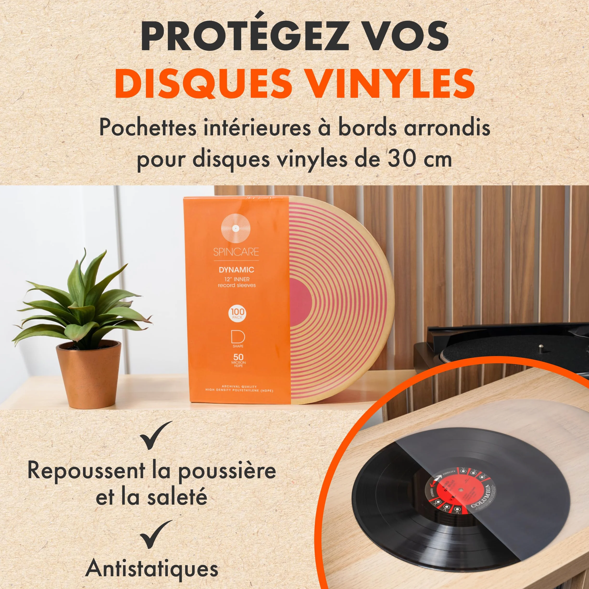 Spincare Pochettes Intérieures Antistatiques Vinyles 33 Tours 12 Pouces HDPE Premium