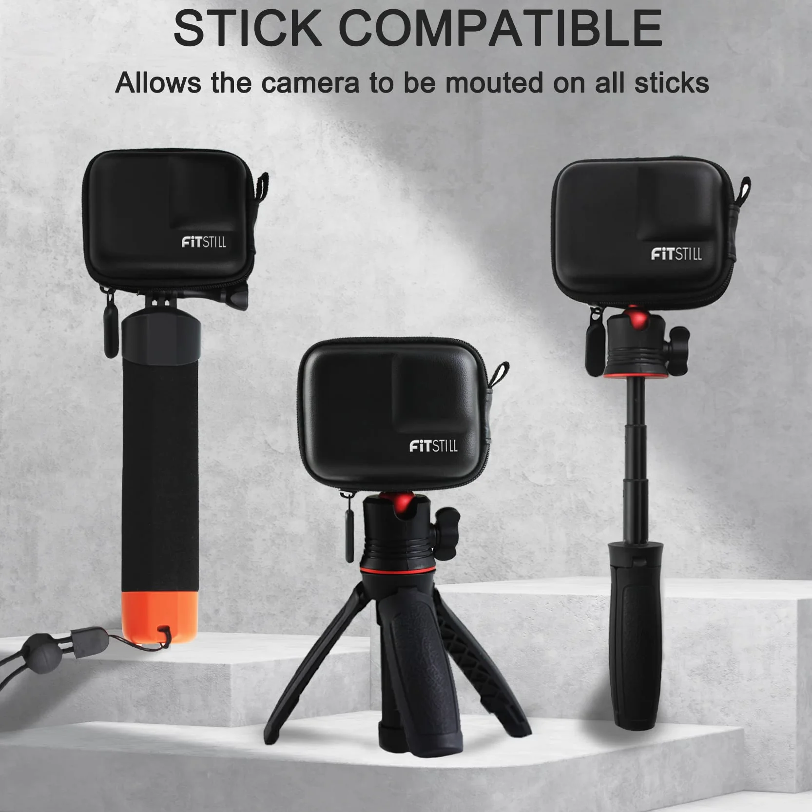 FiTSTILL Mini futerał do Go Pro Hero 12/11/10/9/8/7/2018/6/5, czarny, twarda obudowa podróżna do DJI Osmo Action 2, AKASO, Campark, YI Action Camera, Czarna obudowa PU, Torba