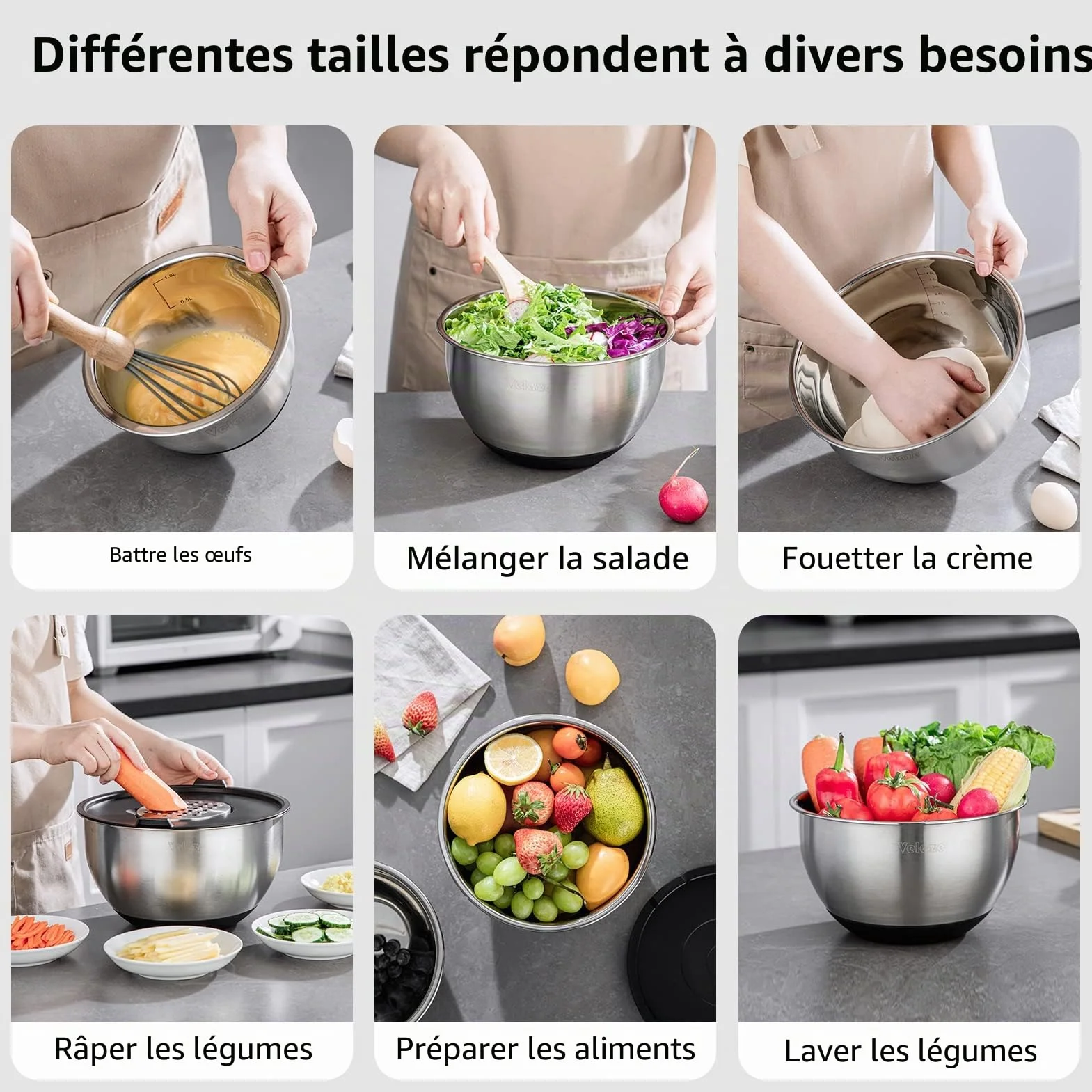 Velaze, Ensemble de 5 Bols Mélangeur Saladier en Acier Inoxydable, avec Poignée,Couvercles, Base en Silicone antidérapante, Râpe
