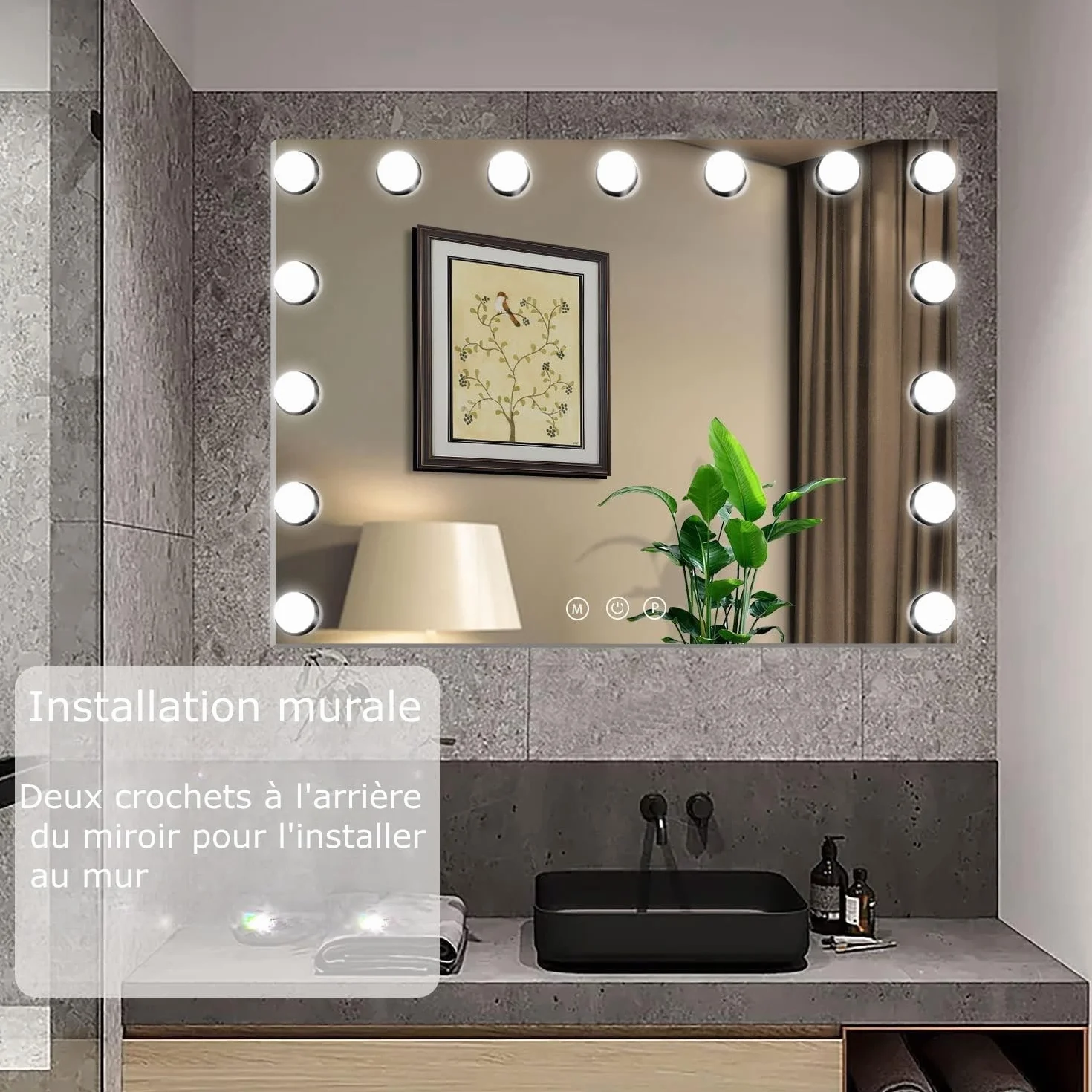 YOURLITE Miroir Maquillage Hollywood 58X45 cm,15 Ampoules LEDMiroir Coiffeuse Luminosité Variable avec Port USB, Contrôle Tactile avec Loupe Grossissante, pour Coiffeuse Miroir sur Table/sur Mur