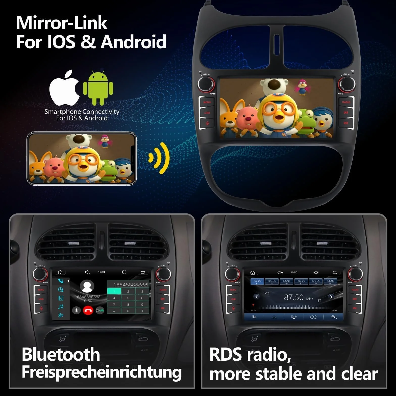 Radio samochodowe do Peugeot 206 206cc Citroen C2 (2002-2010) Carplay Android bezprzewodowy ekran dotykowy FM/AM/RDS Bluetooth/sterowanie na kierownicy