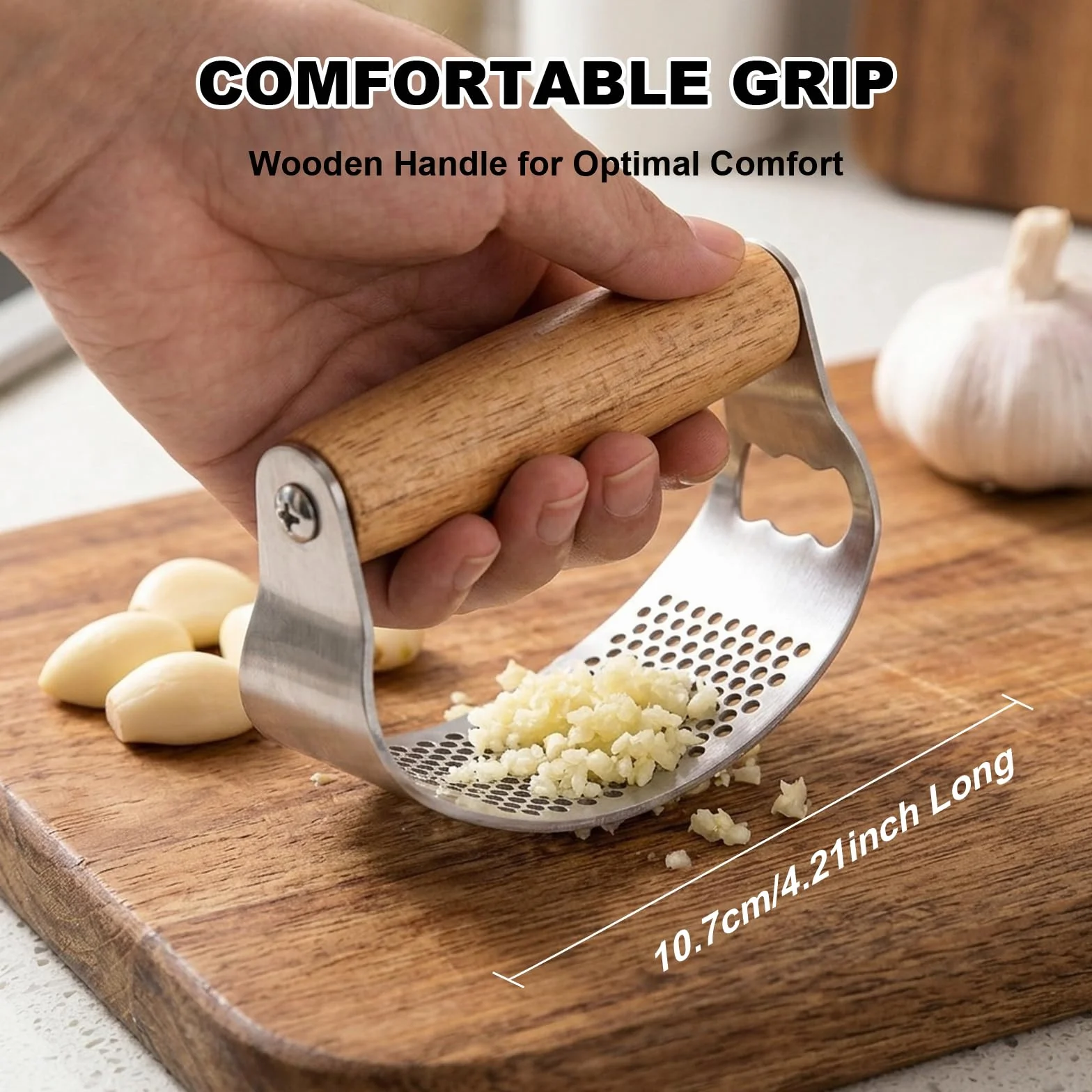 Presse Ail Inox avec Manche Ergonomique en Bois, 2-en-1 Écrase Ail et Décapsuleur, Inclus Éplucheur Silicone