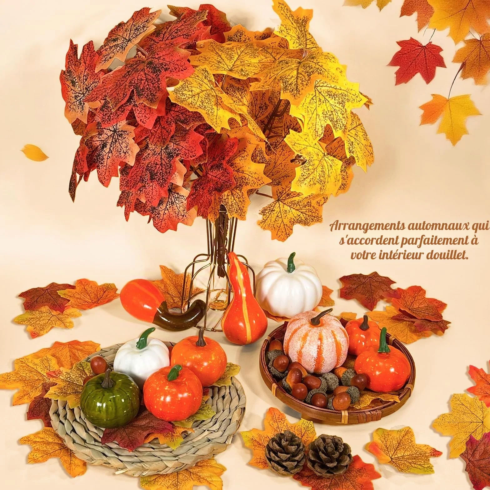 Lot de Mini Citrouille Deco Automne, Feuilles d'Érable, Pommes de Pin, Glands, Fausse Feuille pour Halloween Thanksgiving