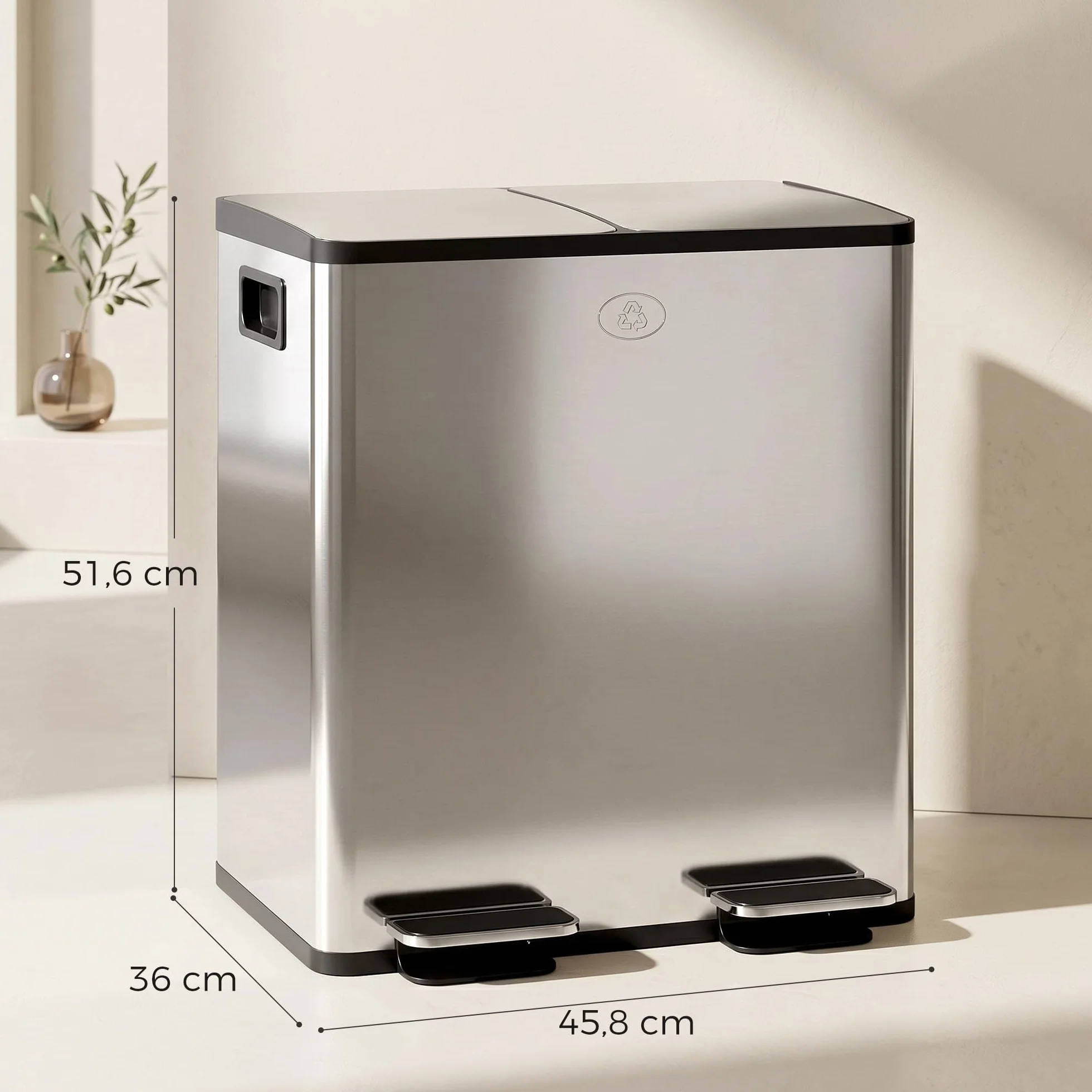 HOMCOM Poubelle à Double Compartiment 2x20L, Acier Inoxydable, Pédale, Couvercle Doux, Argent