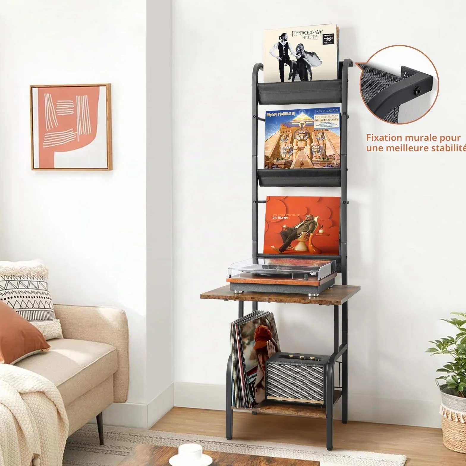 Rangement Vinyle, Support Vinyle, Meuble Vinyl à 3 Niveaux, Meuble Platine Vinyl Stockage jusqu'à 200 Albums Cds, Support Vinyls Mural, Tourne Disque pour Salon