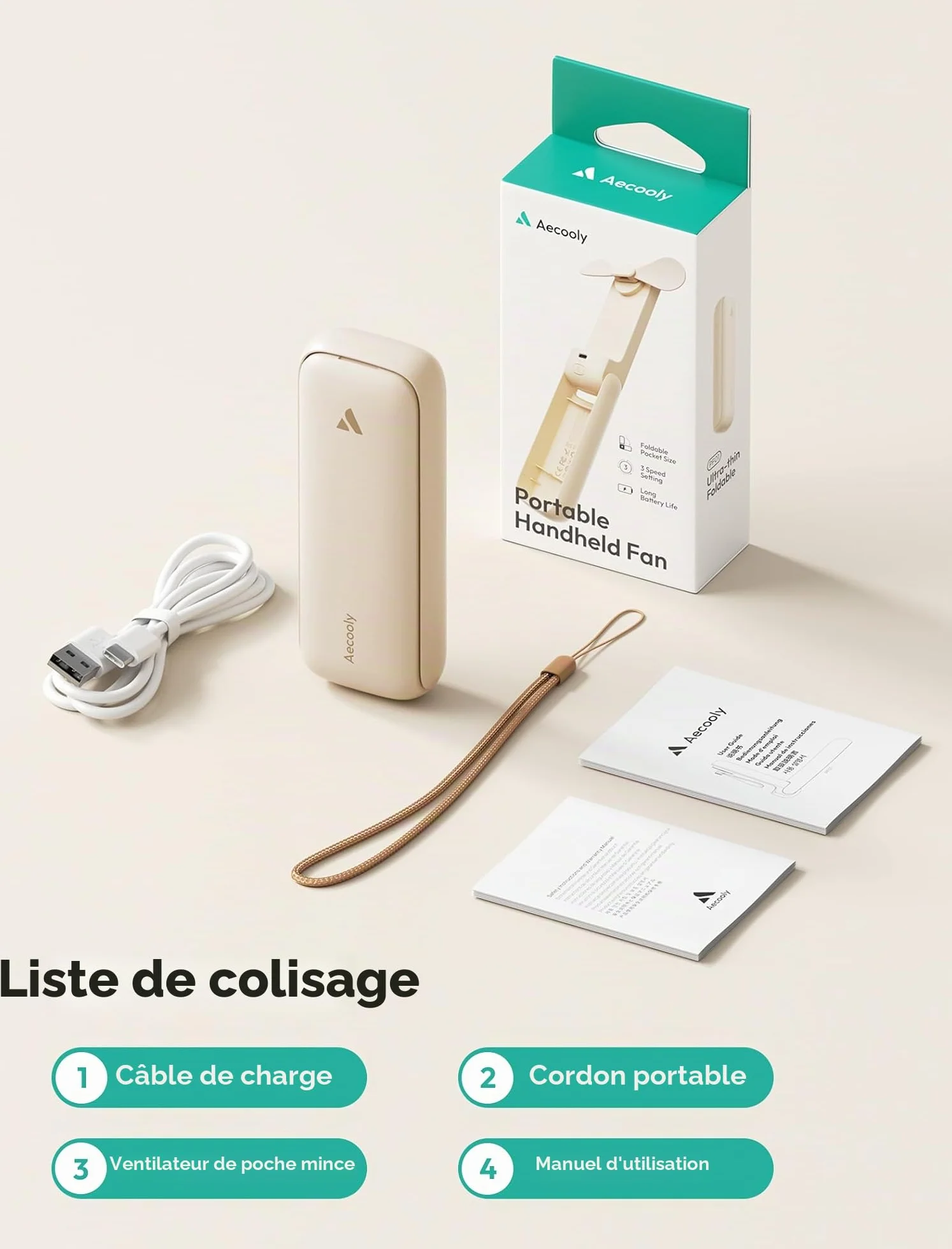 Aecooly Ventilateur Portable à Main Mini USB Rechargeable 24H Autonomie Pliable Voyage
