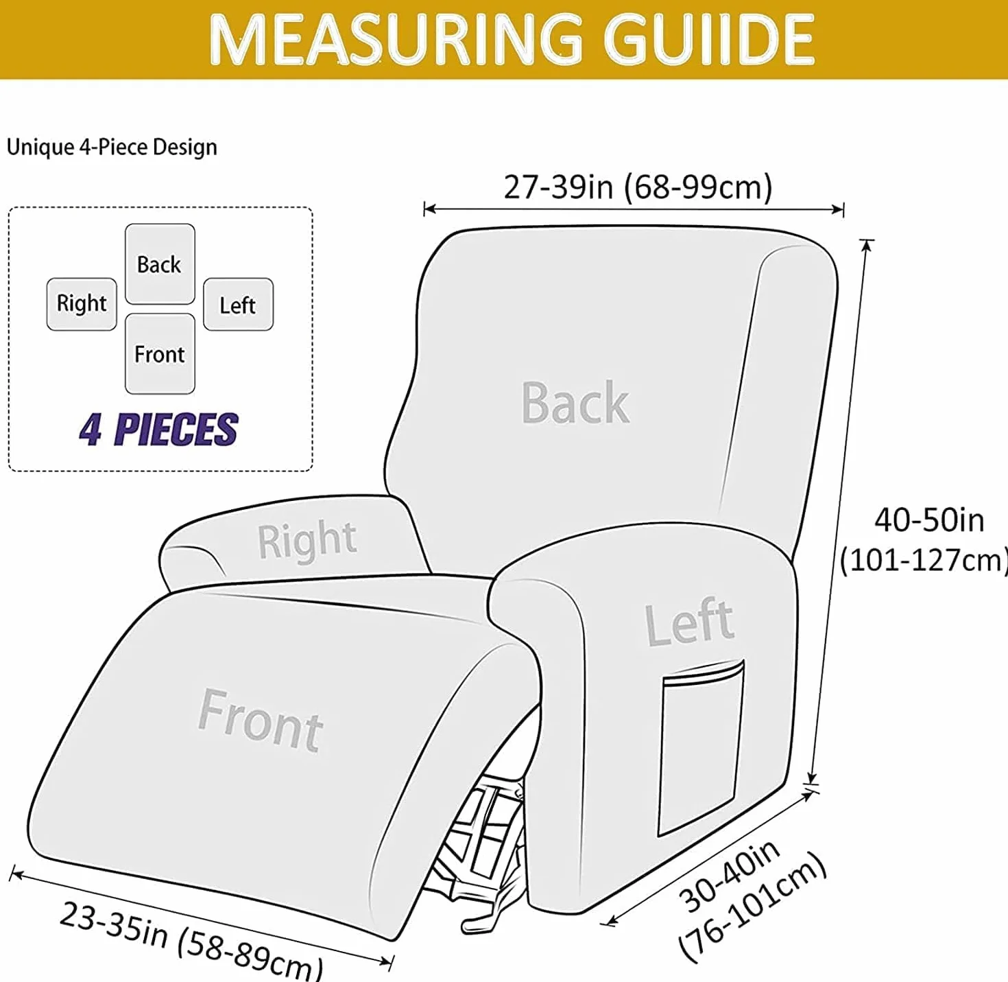Housse de Chaise inclinable élastique Relax, Housse de canapé 1 2 3 Places antidérapante avec Poche, 1 Siège (4 pièces)