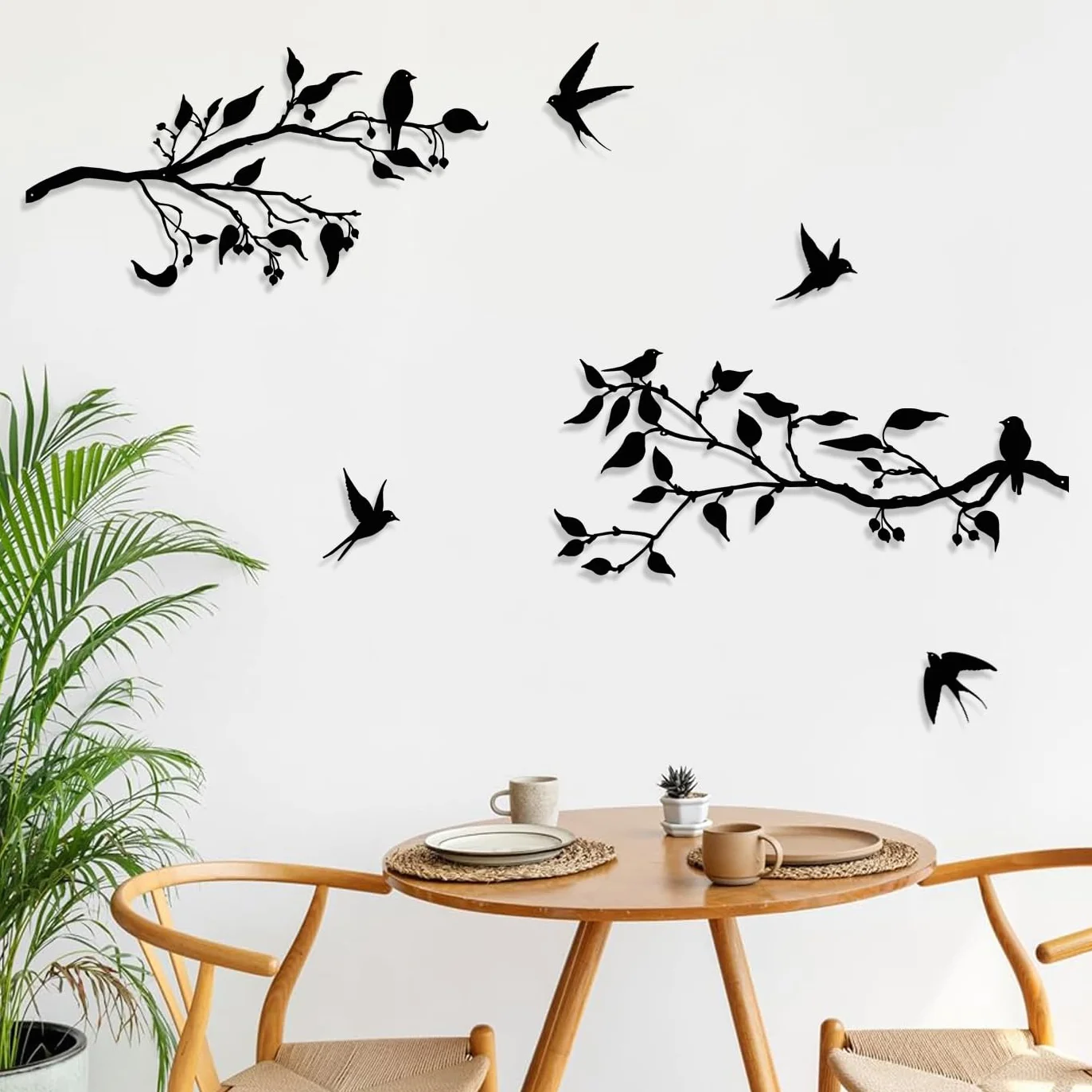 Métal Art Décoration Murale, Silhouette d'oiseaux sur branche, Sculpture murale d'extérieur en métal