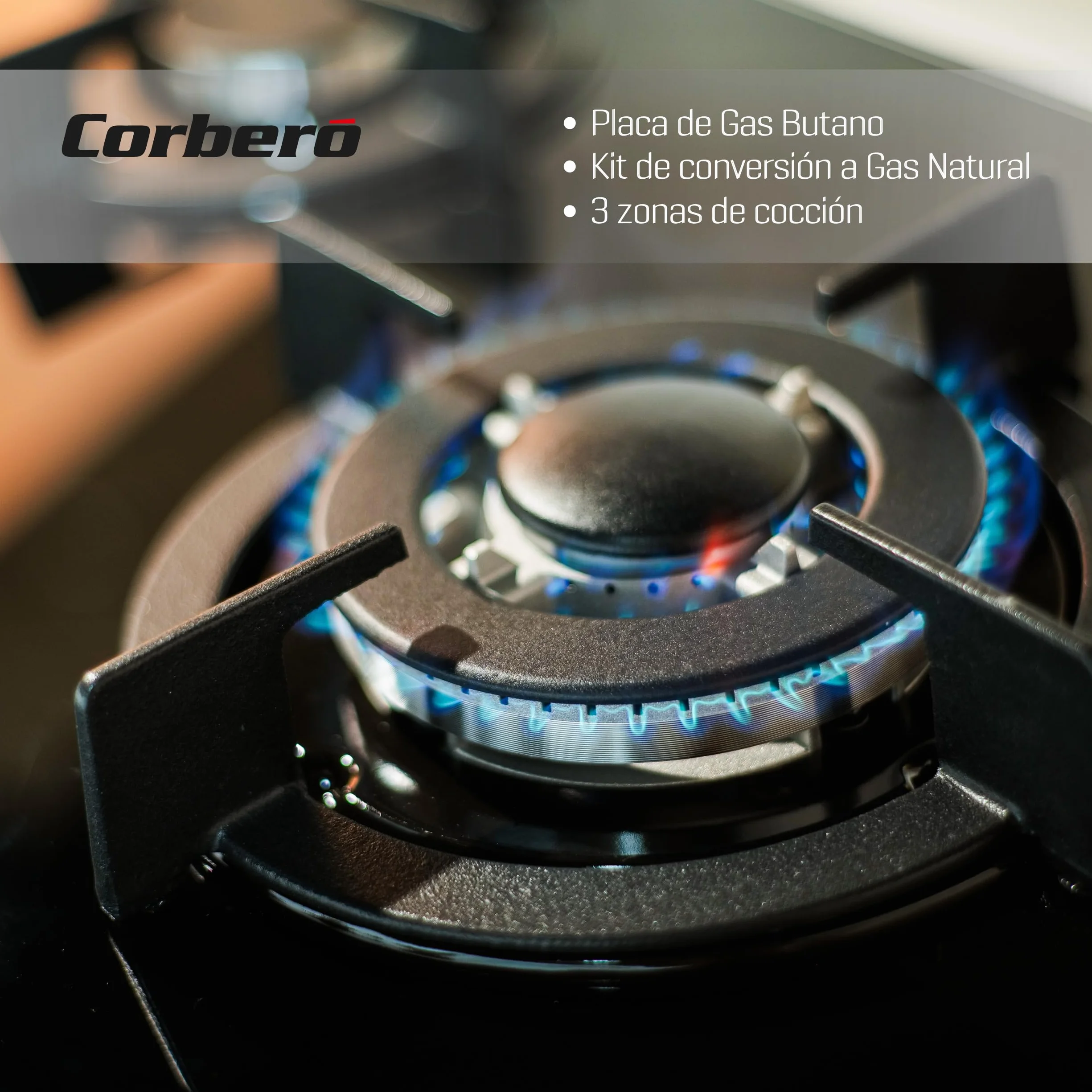 Corberó - Plaque en verre gaz butane CPCGY2303N | Puissance 7 kW | 3 feux | Zone Wok spéciale | Grille en fonte | Valve de sécurité | Arrêt automatique, noir, fonte