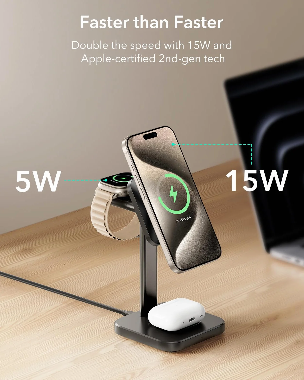 ESR Qi2 stacja ladujaca 3 w 1 do Apple, certyfikowana stacja ladujaca MagSafe do iPhone 17/16/15/14/13/12, Apple Watch i AirPods 4, czarna