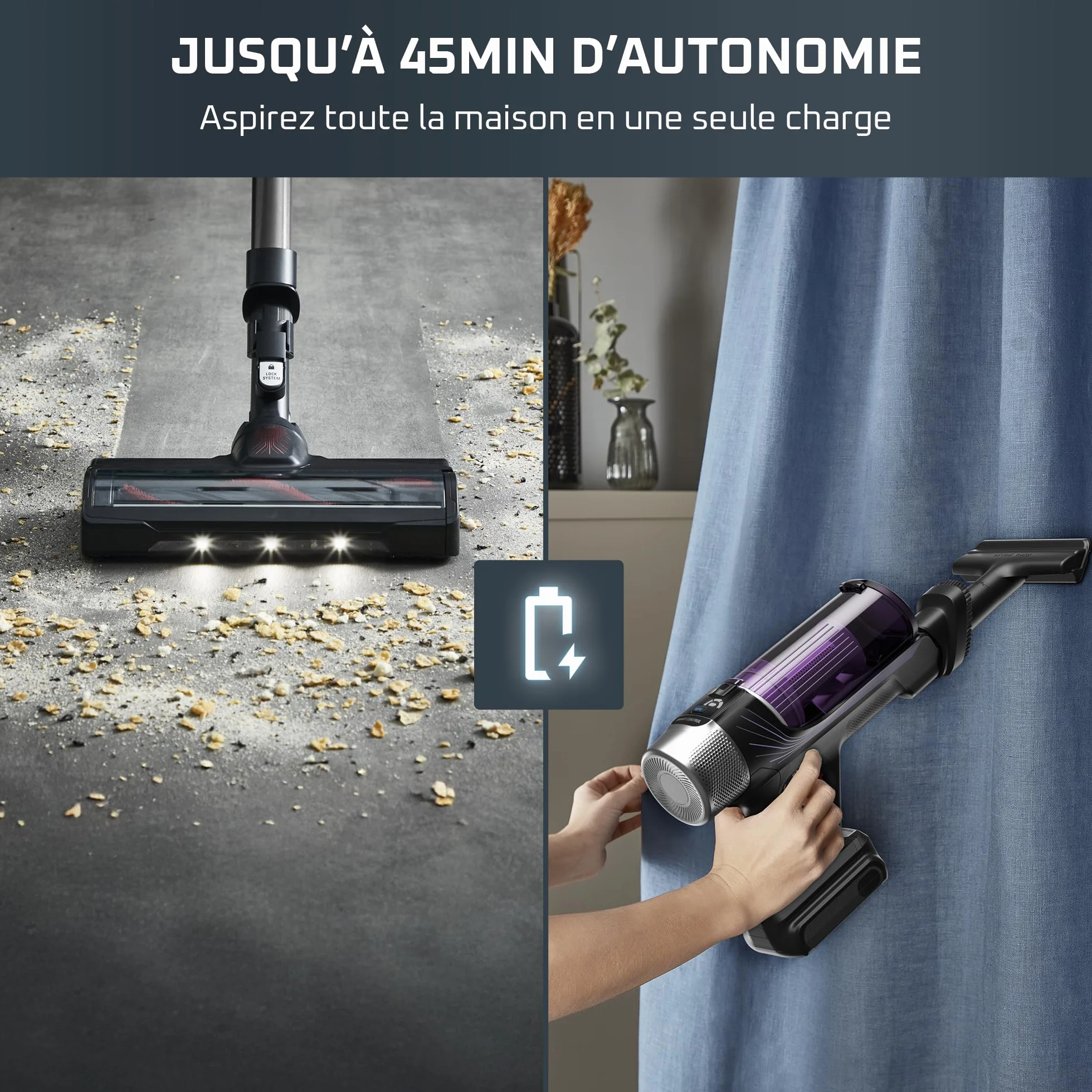 Rowenta X-Force Flex 9.60 Allergie Aspirateur balai sans fil, Filtration Anti-Allergènes, Puissant 100AW, Ultra Léger, Autonomie 45min RH2038WO, Noir / Violet