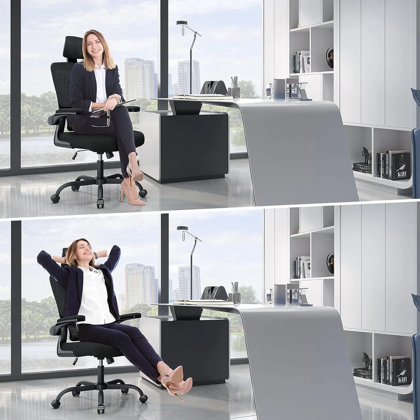 Chaise de Bureau Ergonomique Fauteuil Bureau Support Lombaire Dossier Appui-tête Réglables Accoudoir Réversible Siège Maille Respirante Noir