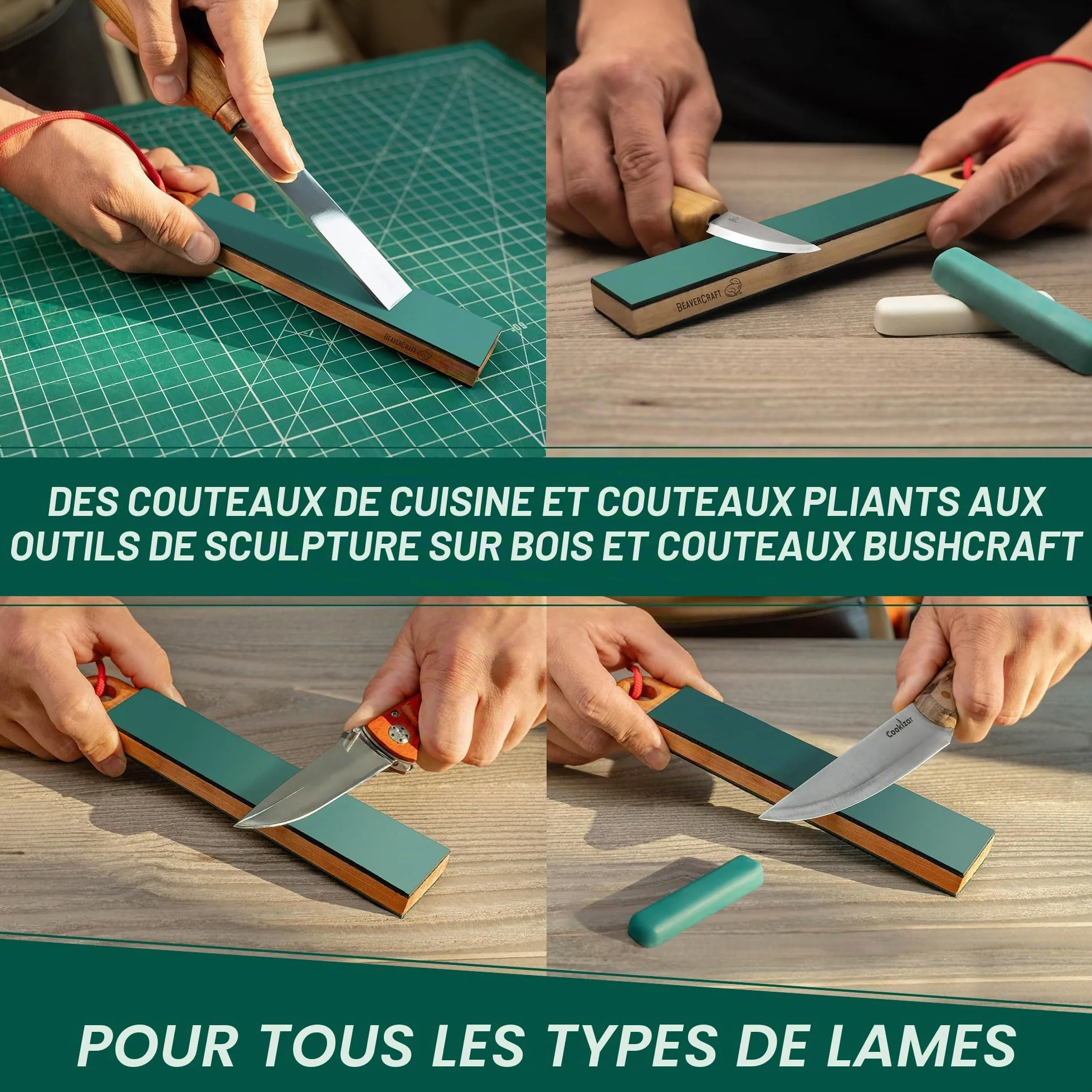 BeaverCraft LS9P02 Strop cuir affûtage couteaux - Kit polissage pâte à polir - Aiguiseur cuir - Bloc 2 faces