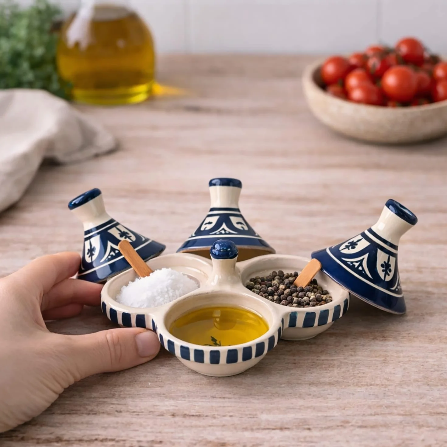 Mini Tajine Triple Porte Épices en Céramique Terre cuite Marocaine de Safi - Élégance Artisanale 3012250805 Tunisie Turquie Ethnique Modno
