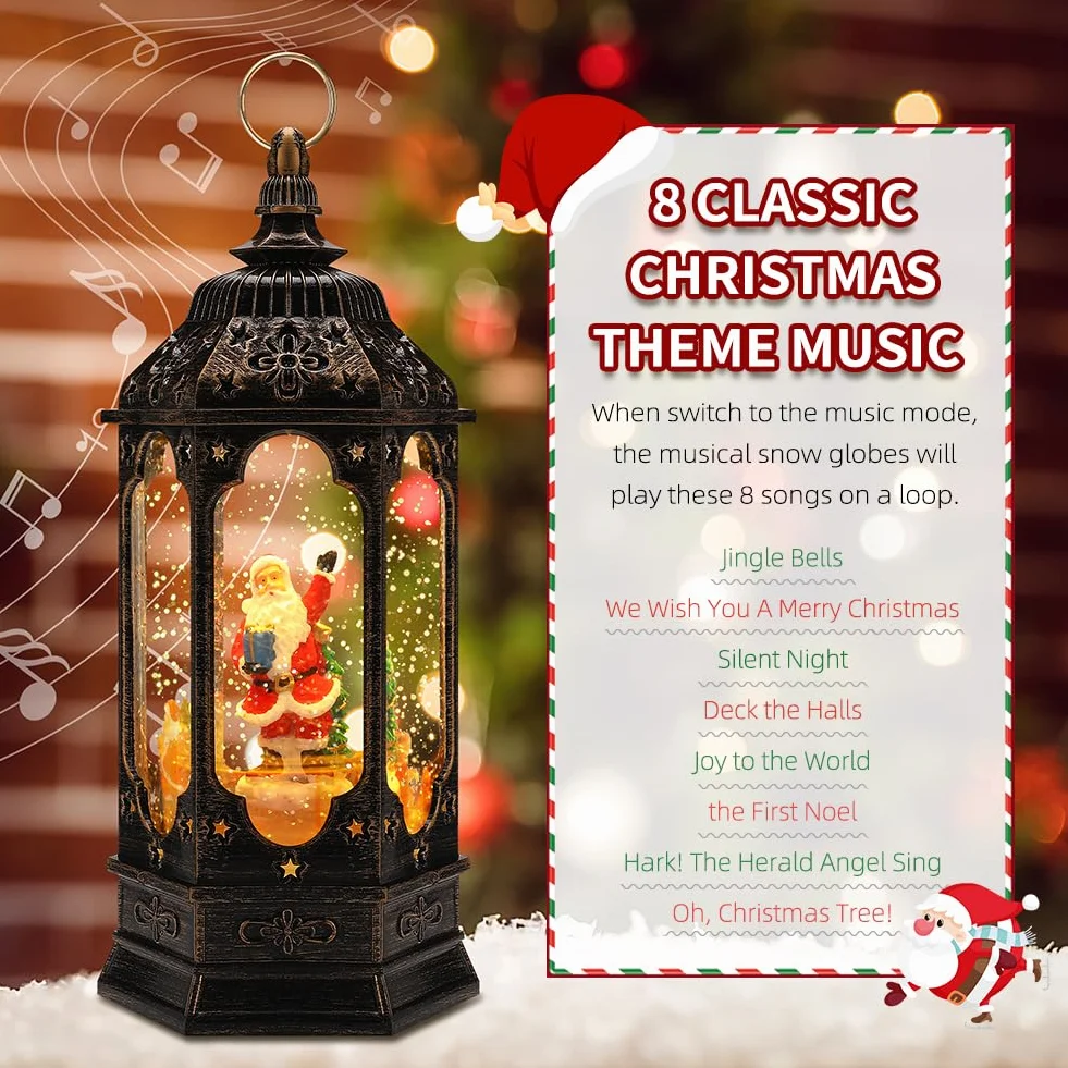 Lanterne Noel,Lanterne Boule à Neige Musicale LED de Noël,Lampe de Noel Lumineux Bonhomme et Flocon de Neige avec Christmas Songs, pour Décoration Noel Intérieure, Prise USB ou Alimenté par Pile