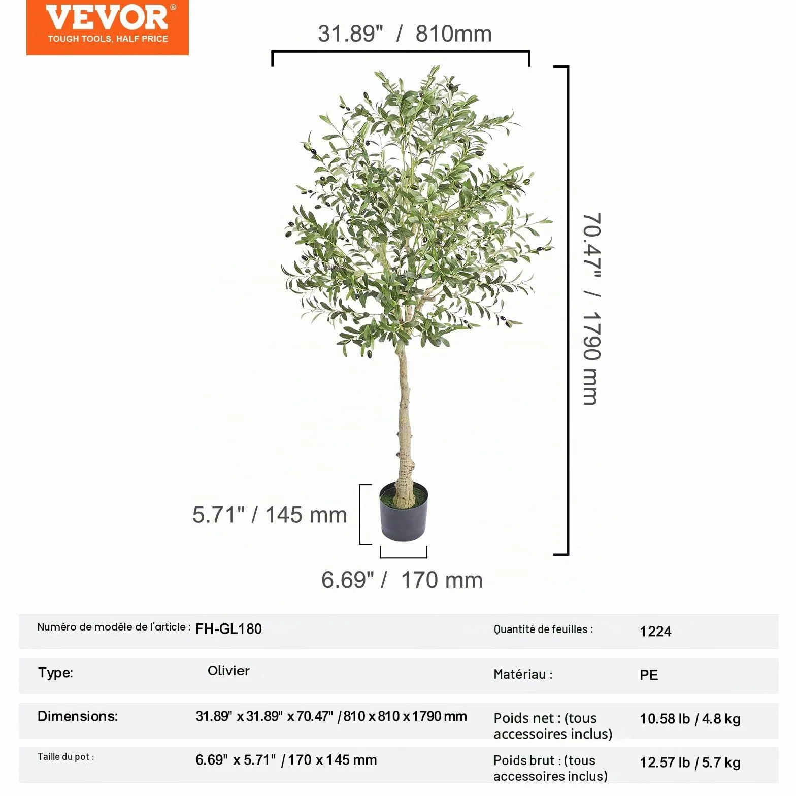 VEVOR Arbre Artificiel 179 cm Olivier Faux Arbre Vert avec Pot 170x145 mm Décoration Intérieur Extérieur