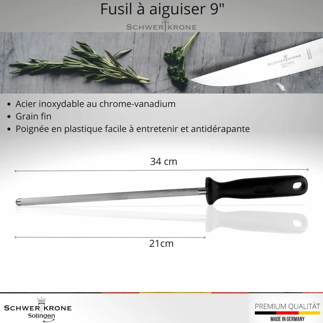SCHWERTKRONE® Fusil à Aiguiser Solingen Acier Inoxydable Made in Germany - Sharpening Steel Chrome Vanadium pour Couteaux de Cuisine