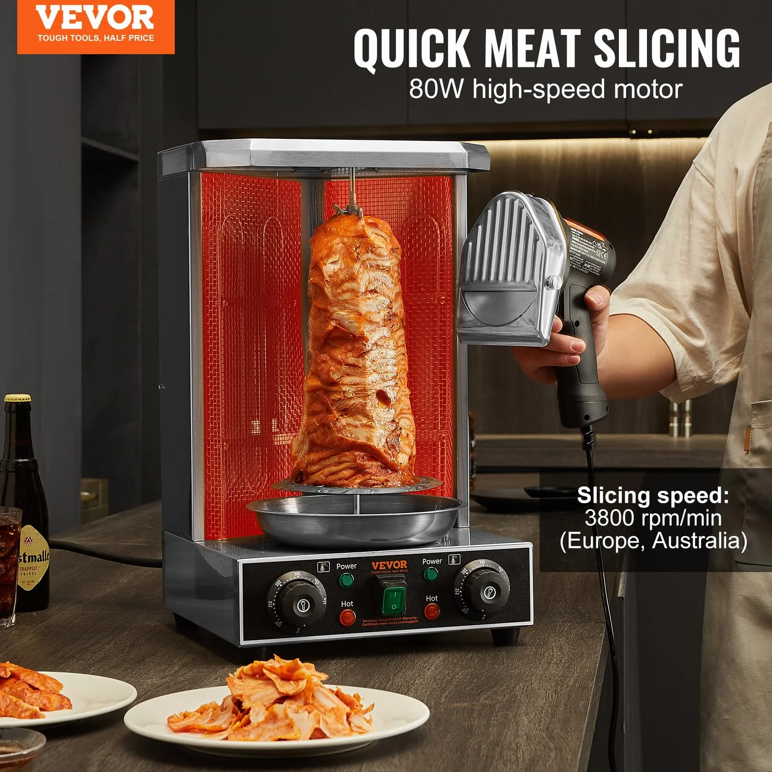 VEVOR Couteau à Kebab Électrique 80 W, Trancheuse à Viande Turc Shawarma Döner Kebab Commerciale en Inox, avec 2 Lames Diamètre 100 mm, Épaisseur Réglable 0-8 mm, pour Restaurant, Snack-bar, Barbecue