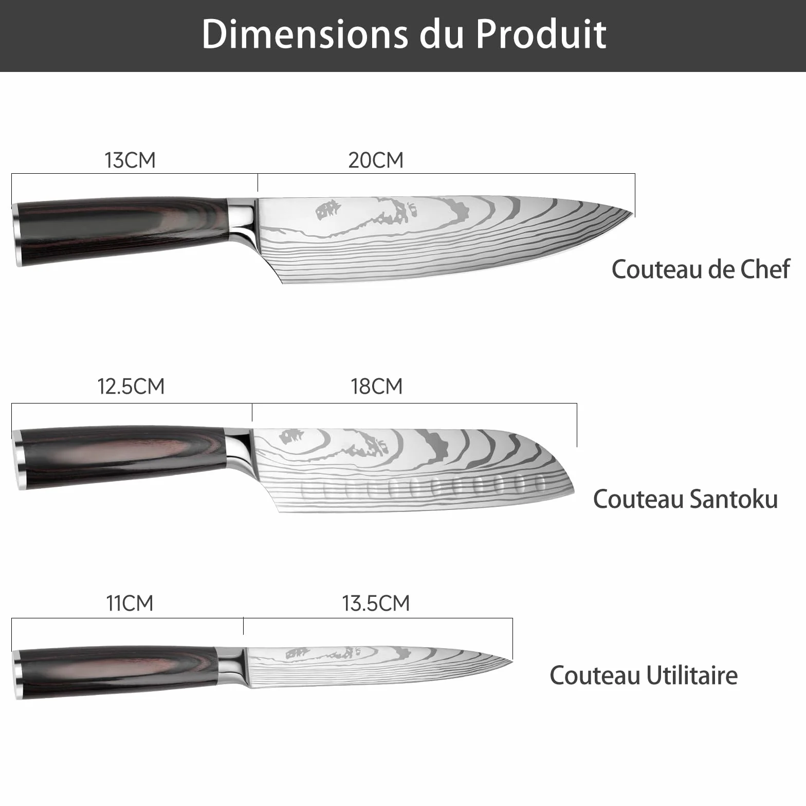 Couteau de Cuisine Japonais Acier Inoxydable Haute Teneur en Carbone, Professionnel (3PCS)