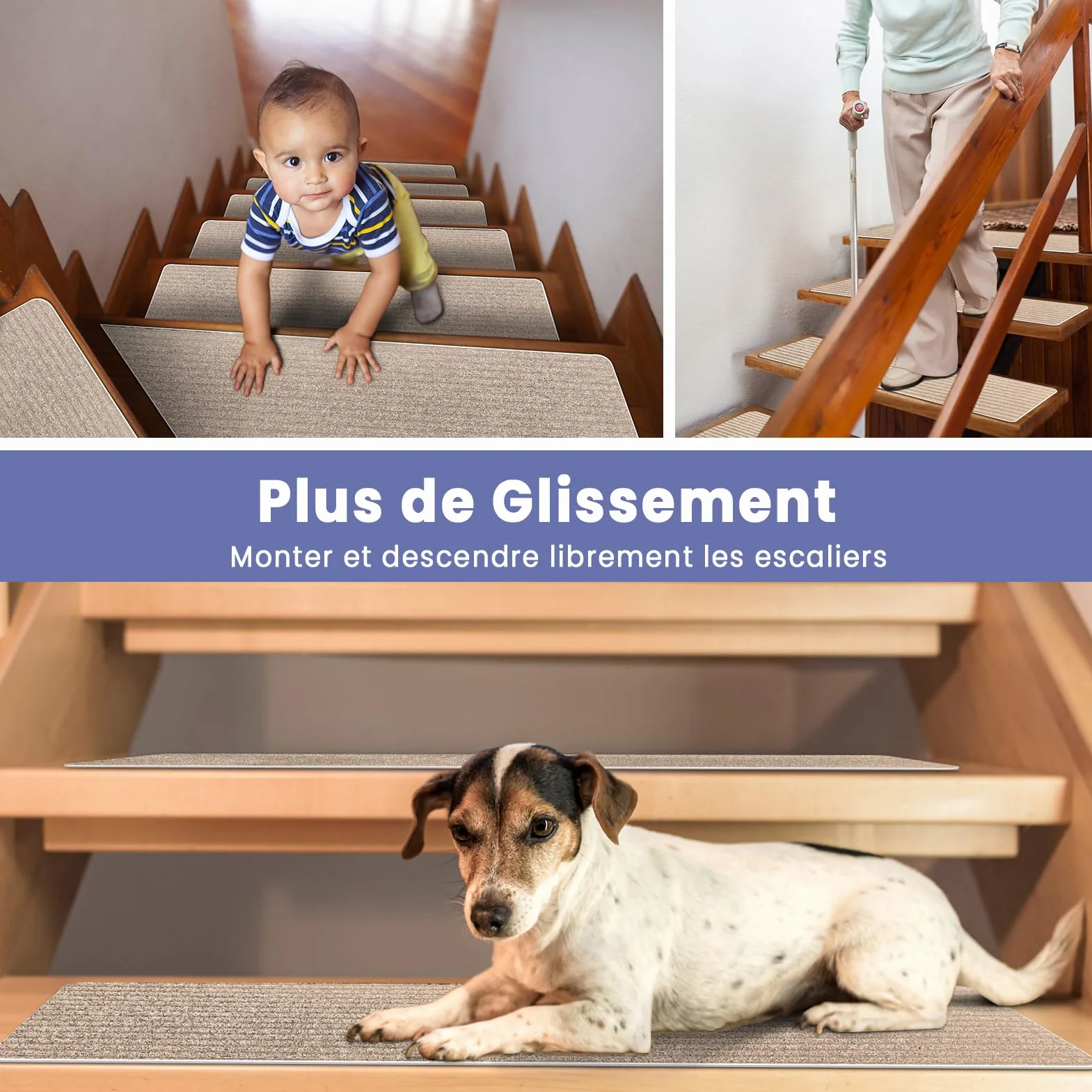 Tapis d'Escalier Antidérapant Lot de 15 Marchettes Autocollantes 76 x 20 cm Beige
