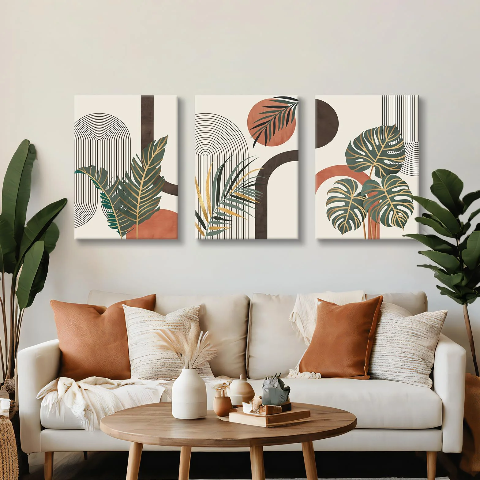 3PCS Feuilles Botaniques Orange Nordique Tableau Décoration Murale Salon,Ligne géométrique du milieu du siècle Impression sur Toile Boho Peintures sur Toile Décor Murale pour Chambre Maison 50x70cmx3