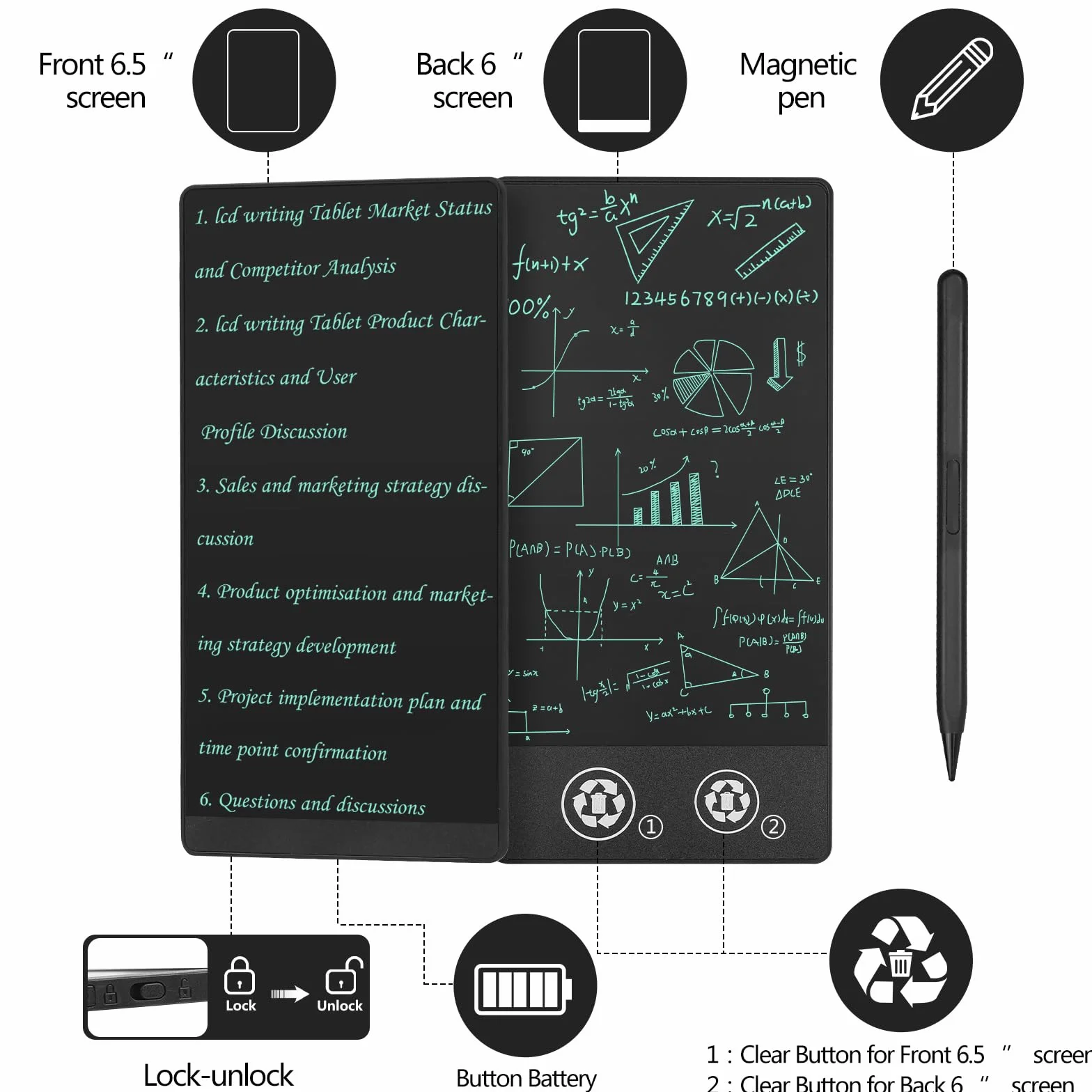 Czemo Double-écran Tablette D'écriture LCD 6,5 Pouces + 6,0 Pouces, Lignes HD 0,5 mm, Tableau Numérique Bureau