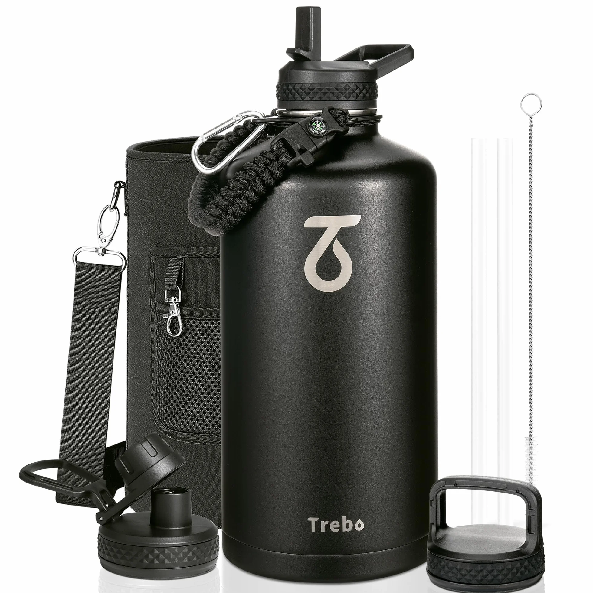 Trebo Bouteille d'eau isotherme de 3,6 l avec poignée en paracorde, carafe isotherme à double paroi en acier inoxydable de qualité alimentaire avec couvercles à poignée à bec verseur, étanche,noir