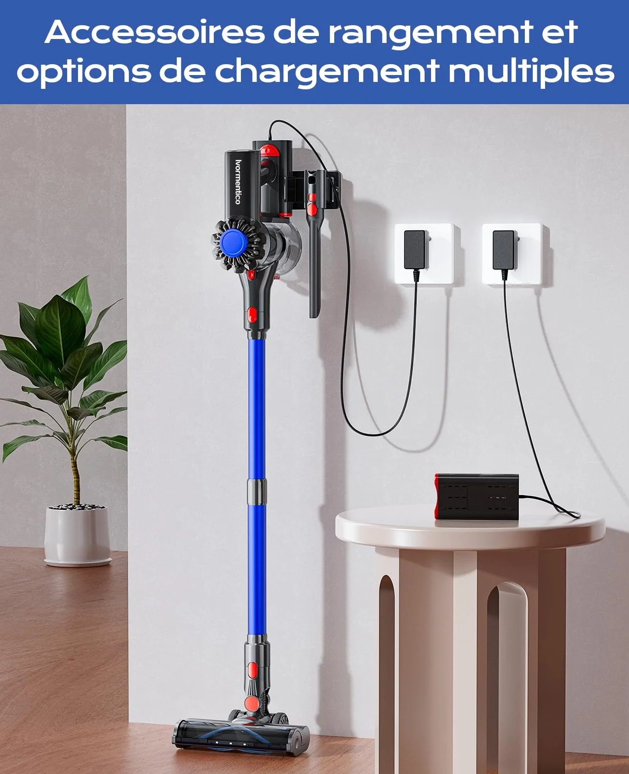 Aspirateur Balai sans Fil, 50Mins/40KPA/450W Aspirateur sans Fil, Aspirateur Balai avec LED Verte, Aspirateur avec Brosse à Plancher Améliorée, pour Tapis, Sols Durs, Poils d'animaux, Bleu