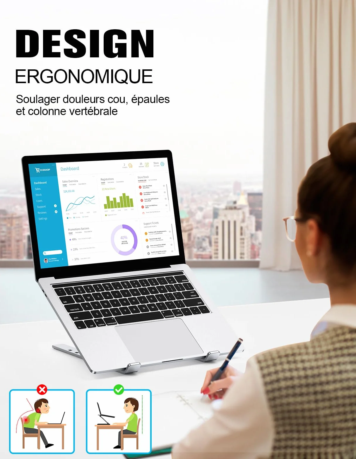 Support Ordinateur Portable Réglable 5 Niveaux, Refroidisseur Aluminium Ventilé pour MacBook Lenovo 10"-15.6"