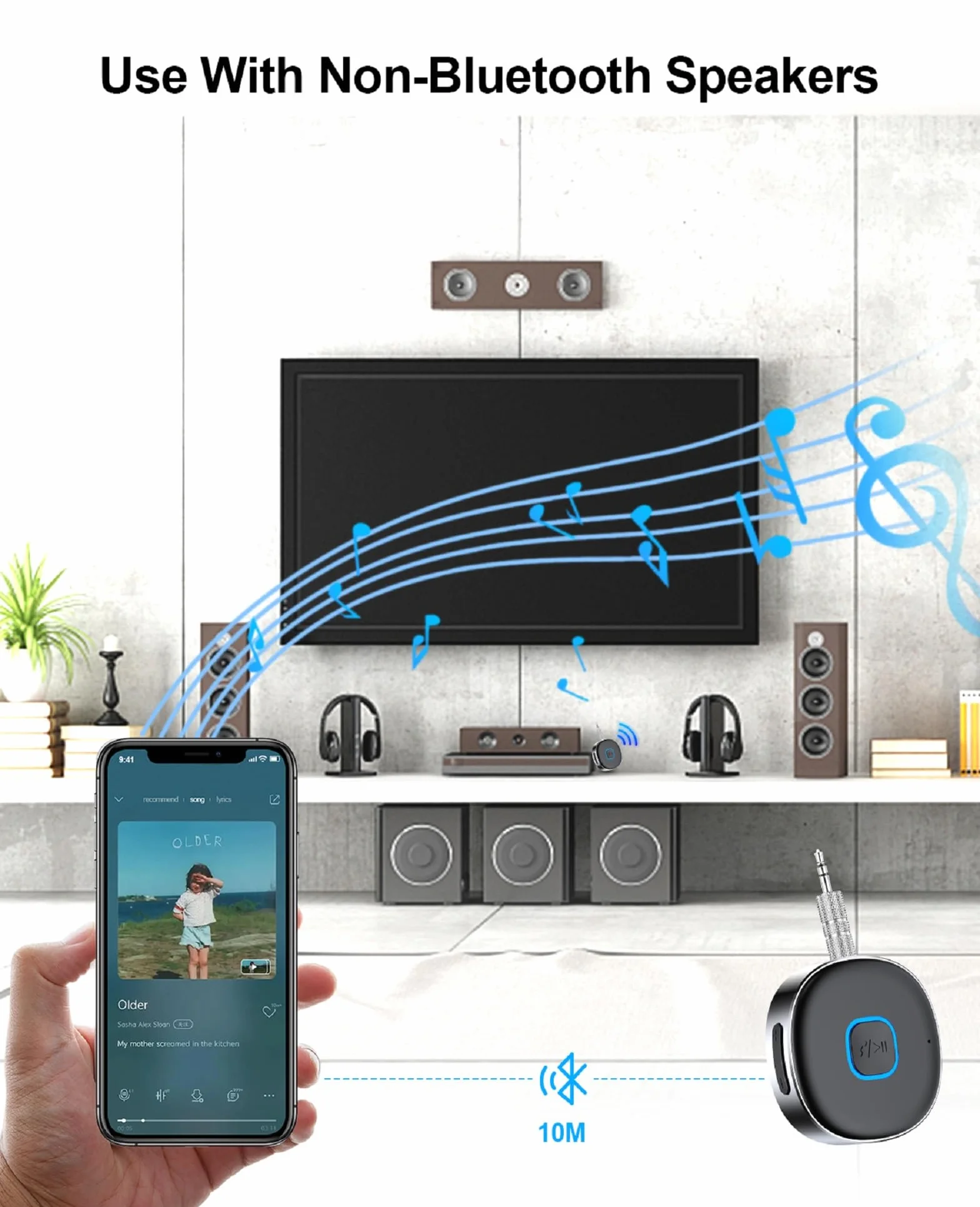 HORJOR AUX Bluetooth adapter samochodowy, odbiornik Bluetooth 5.0, bezprzewodowy adapter Bluetooth do samochodu, słuchawek, rozmowy głośnomówiące, podwójne połączenie, 16 godzin odtwarzania