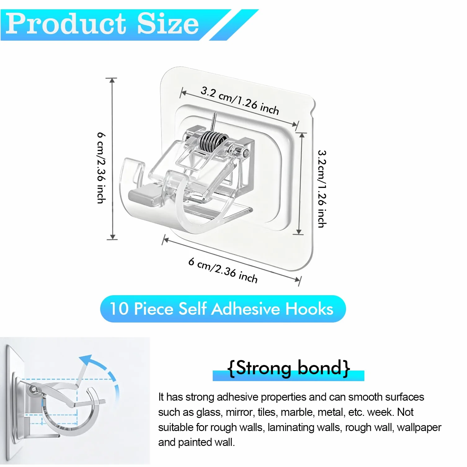 12 Pièces Support Tringle Rideaux sans Percage, Crochet Rideau Adhesifs Transparent pour Porte-Serviettes