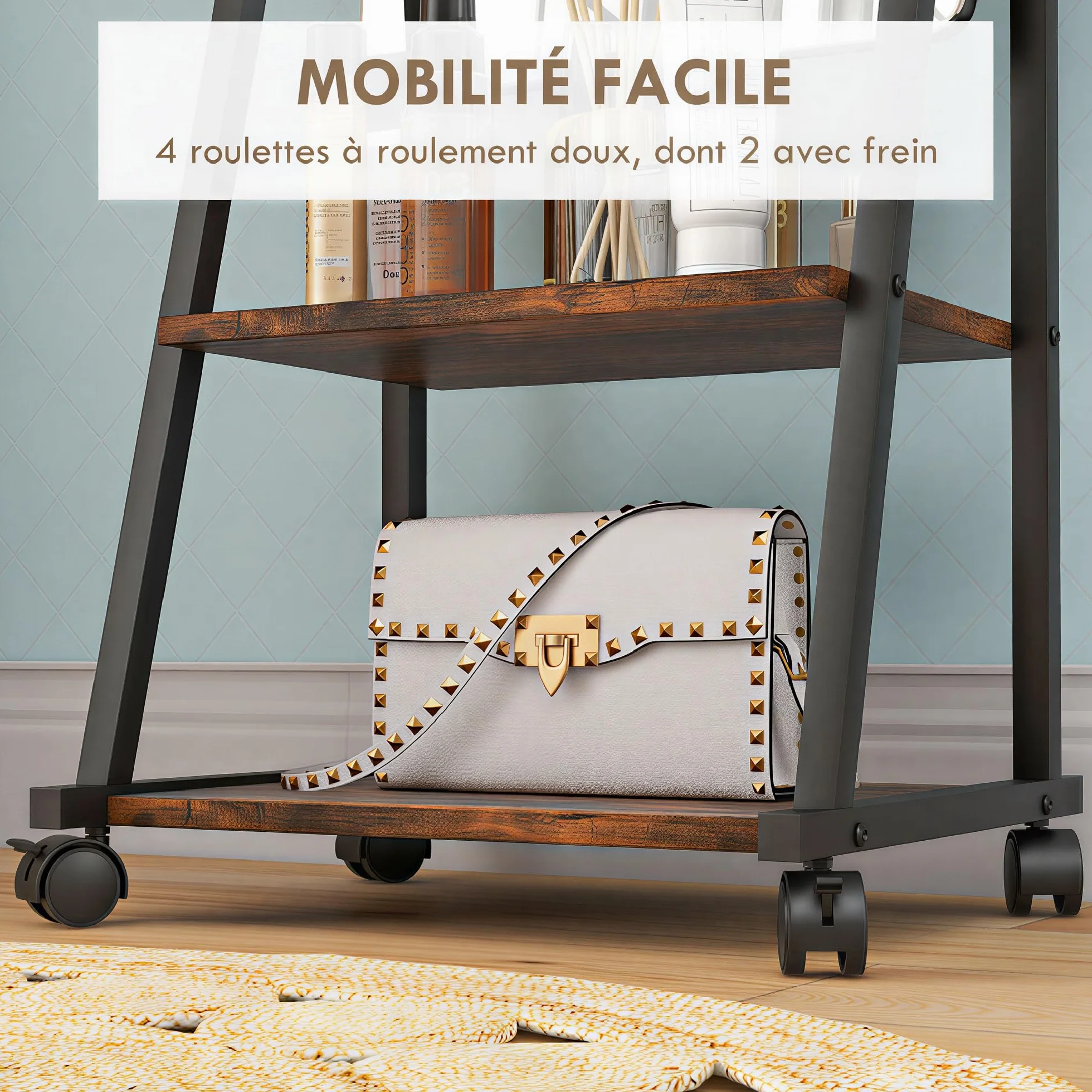 HOMCOM Miroir sur Pied rectangulaire avec Angle Ajustable, Miroir de Sol sur roulettes, 2 étagères, 4 Roues, 42x37x155 cm, Noir et Brun Rustique