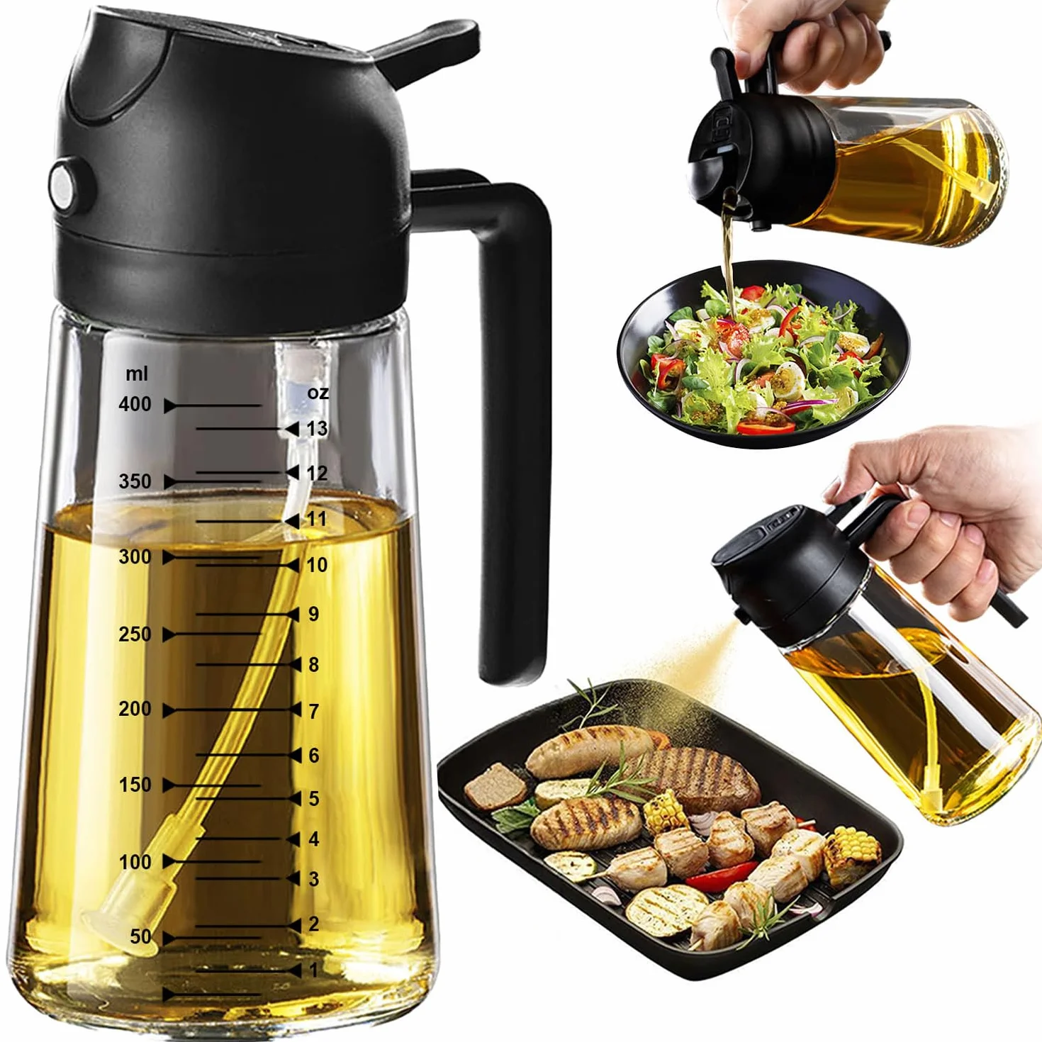 Spray Huile Cuisine 470ml Vaporisateur 2-en-1 Air Fryer Cuisson Salades Vinaigre Noir