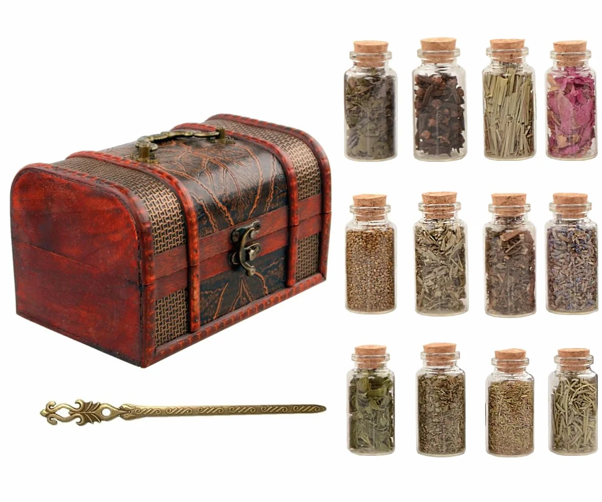 Coffret d’Herbes Séchées Naturelles – 100% Plantes Aromatiques en Flacons Verre avec Bouchon & Pince Vintage – Kit Cadeau pour Rituel, Sorcière, DIY, Aromathérapie, Déco (12 Flacons d’Herbes)