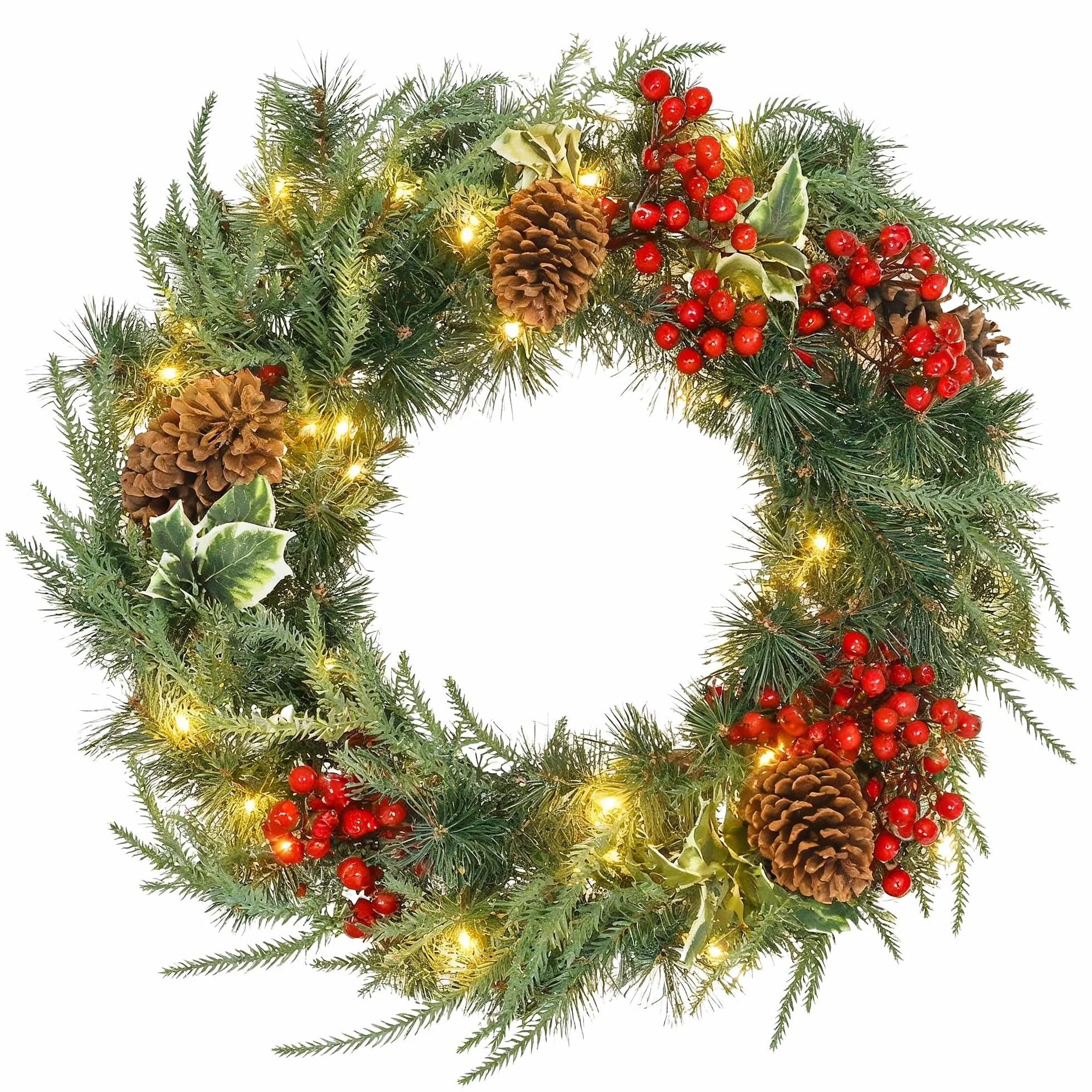 HOMCOM Couronne de Noël Lumineuse 60 cm avec 35 LED Blanc Chaud, minuterie, Couronne de Noël de Porte d'entrée, 170 Pointes, Pommes de pin, Baies, Feuilles de Houx, pour Porte, Mur, cheminée, Vert