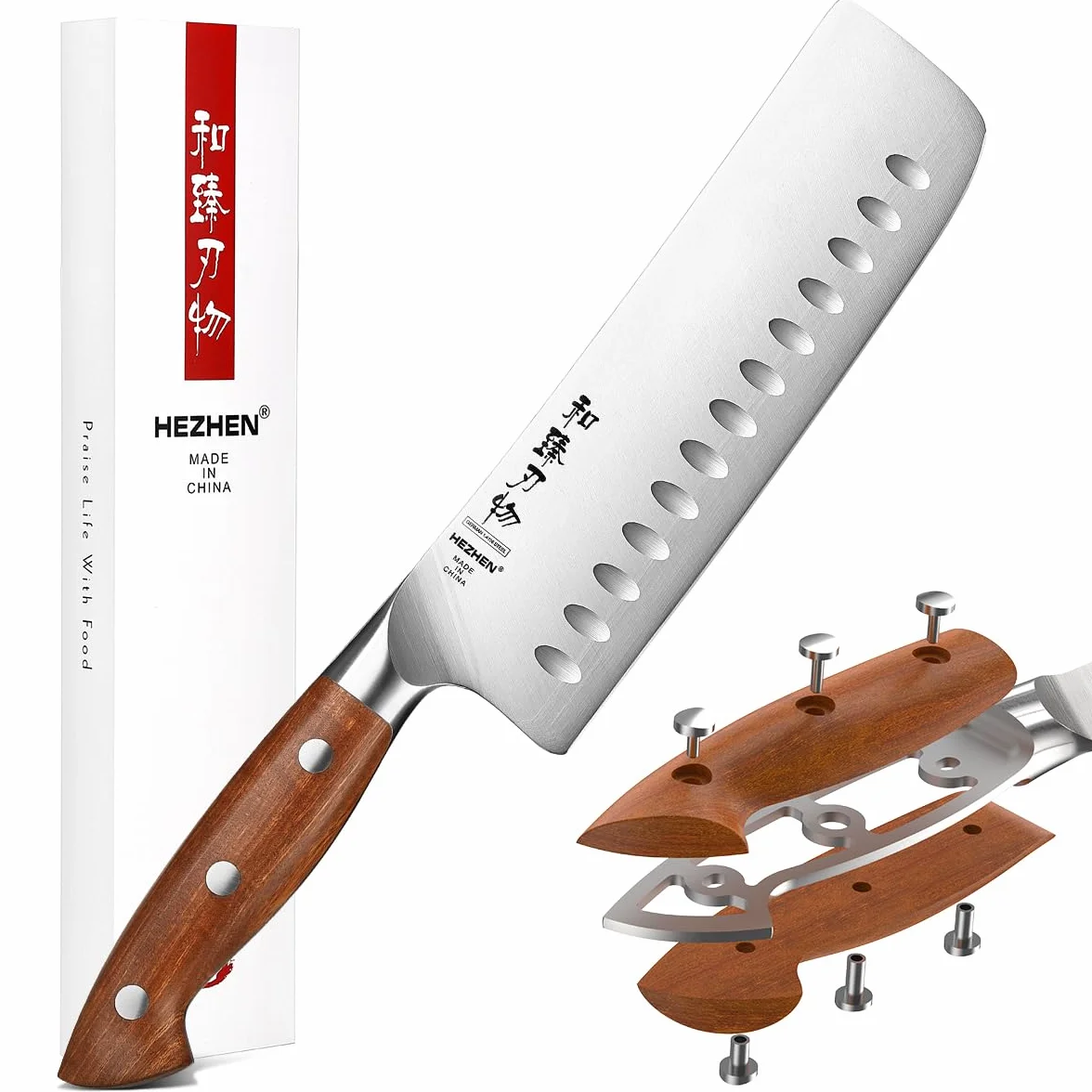 HEZHEN Couteau de Nakiri en Acier Geman, Style Japonais Couteau Couperet，Multi-Usages Couteau de Chef Asiatique Pour Trancher la Viande et les Légumes，Griff aus Redwood