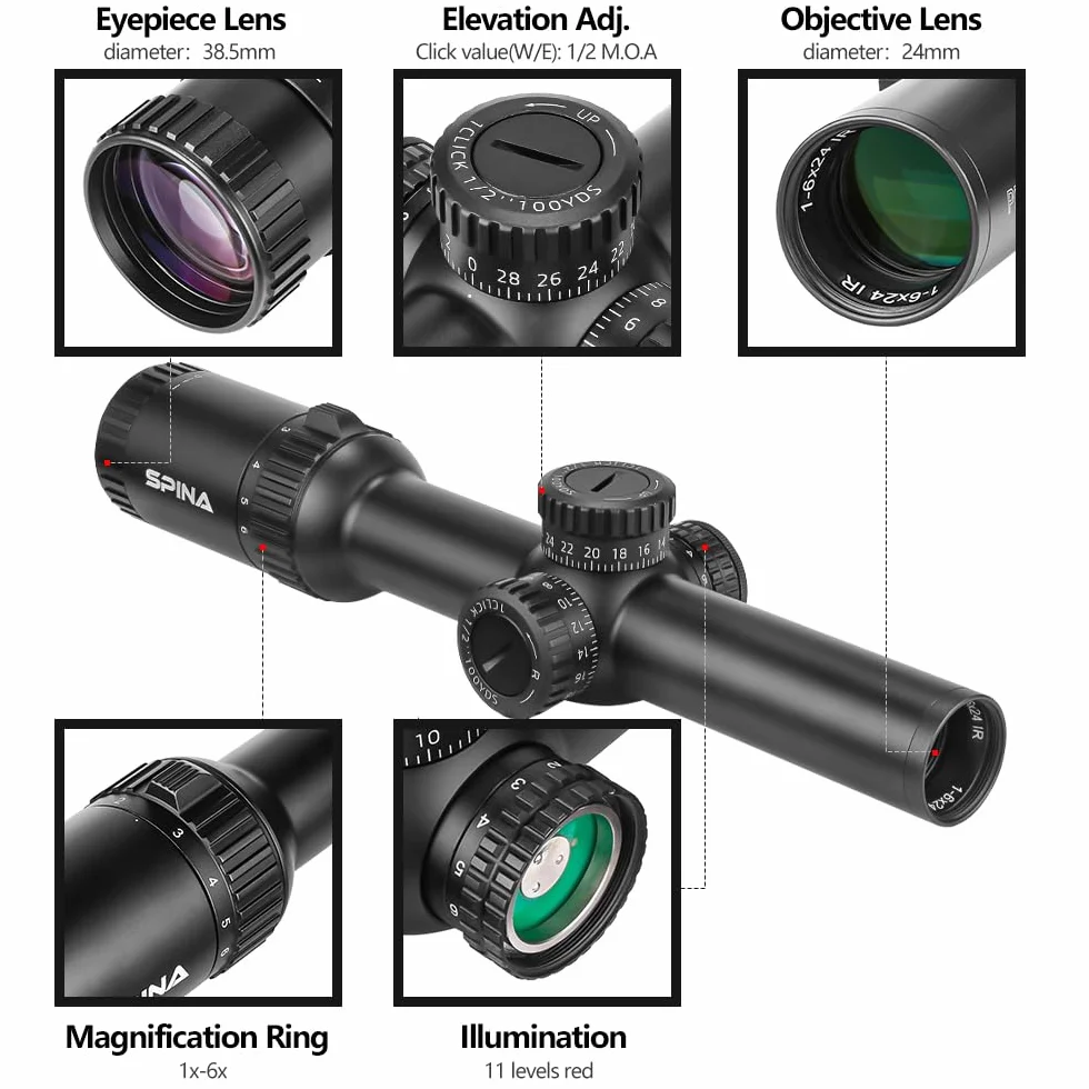 SPINA OPTICS Luneta taktyczna 1-6x24 LPVO luneta druga luneta ogniskowa czerwono-zielona podświetlana z przesuniętym mocowaniem lunety (z mocowaniem 301)