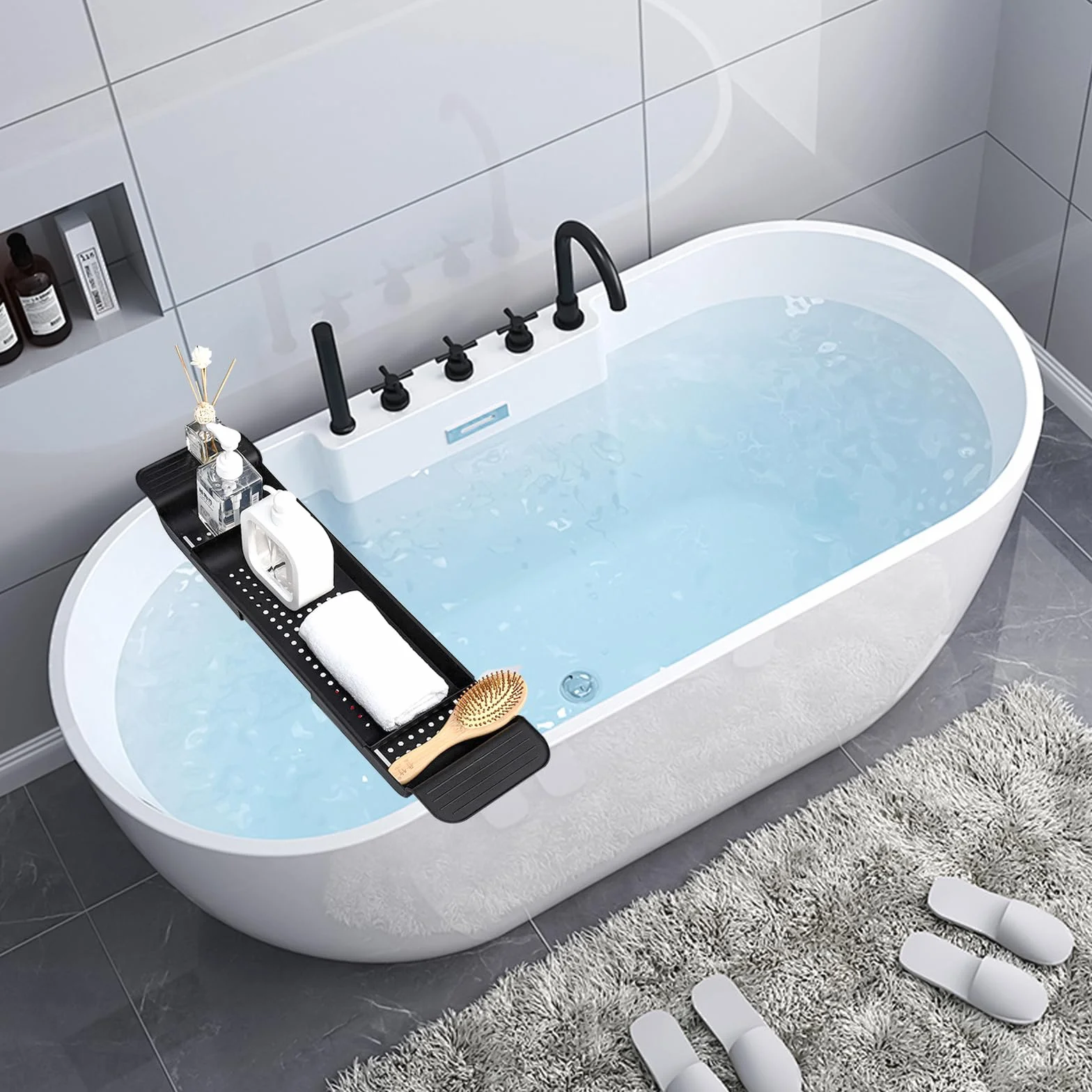 Plateau de Baignoire en Plastique Extensible Noir avec Design d'écoulement pour Verres à vin