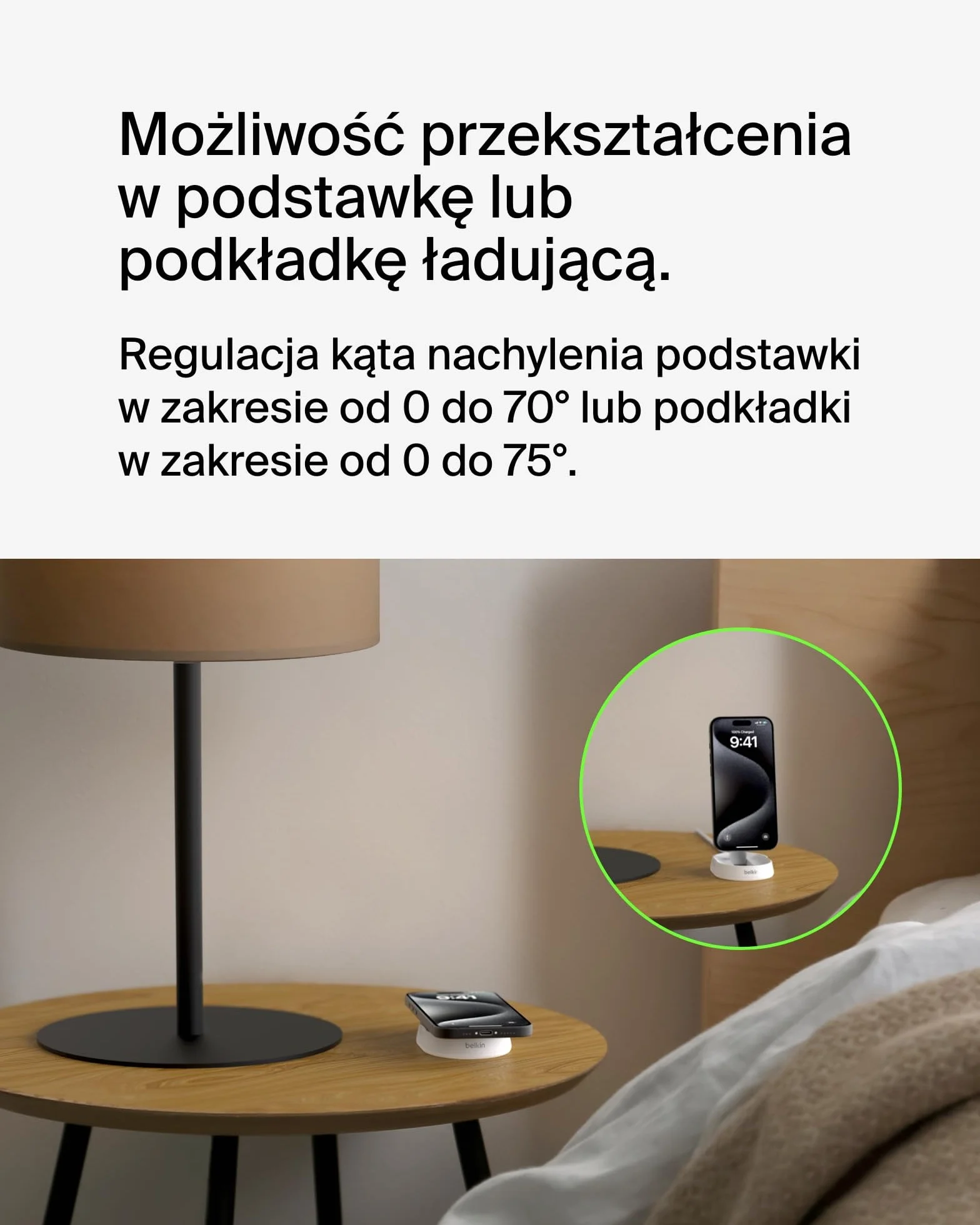 Belkin BoostCharge Pro konwertowalna podstawka ładująca 15W, kompatybilna z MagSafe szybka bezprzewodowa ładowarka Qi2, ładowarka indukcyjna do iPhone 15, 14, AirPods, w zestawie zasilacz 20W - biała